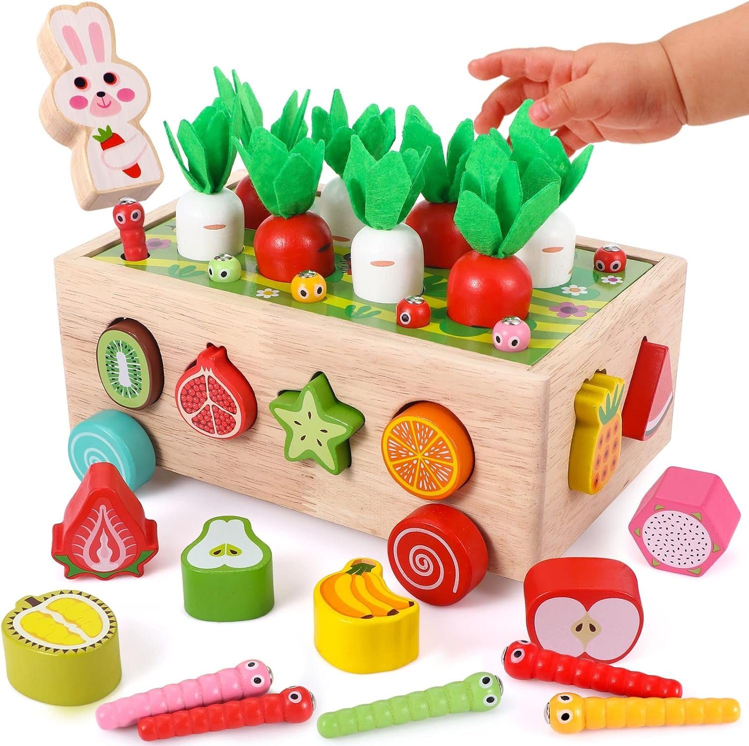 Atoylink Lernspielzeug Holzpuzzle Karottenernte: Kreatives Motorikspielzeug (Multifunktionales Set für kreative Entwicklung von Kindern ab 1 Jahr, Karren, Karotten, magnetische Würmer, Obstblöcke), Montessori-Holzspielzeug für kreative Lernfreude