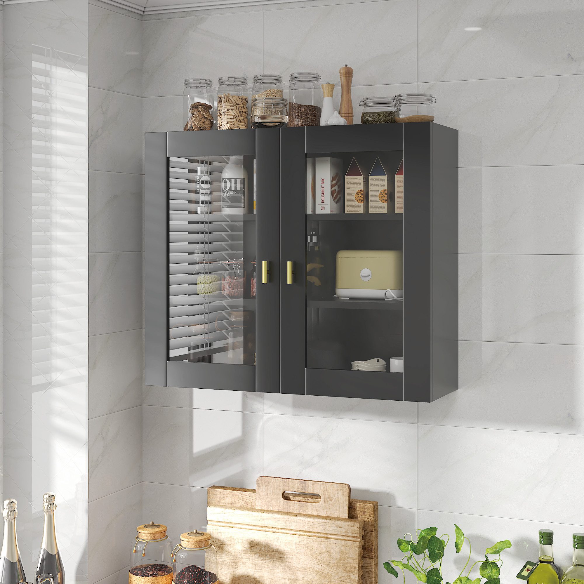 radelldar Hängeschrank Küchenhängeschränke mit 2 Glastüren, 70 x 60 x 23 cm, (1-St) Schwarz
