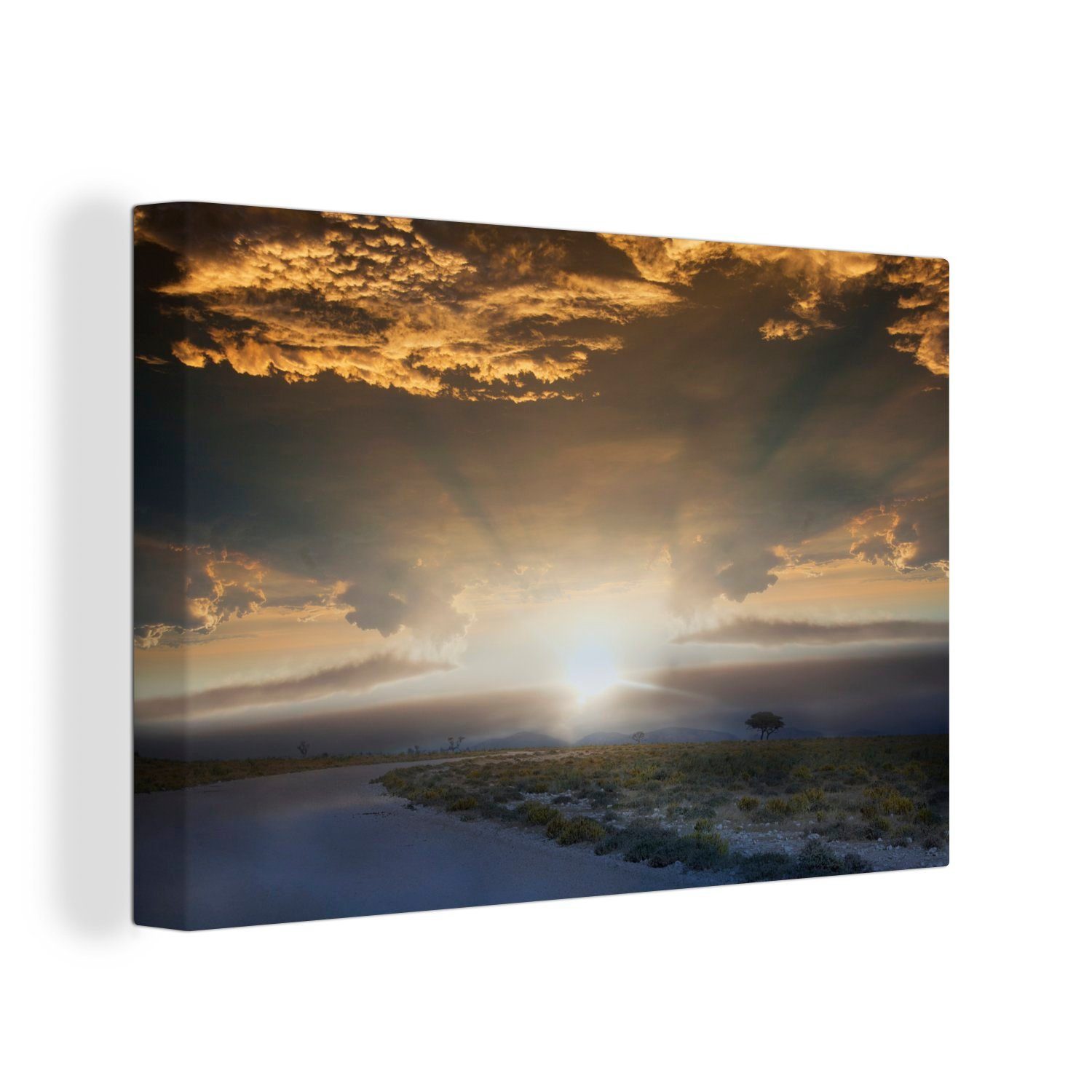 OneMillionCanvasses® Leinwandbild Die Straße bei Sonnenaufgang im Etosha-Nationalpark, (1 St), Wandbild Leinwandbilder, Aufhängefertig, Wanddeko, 30x20 cm