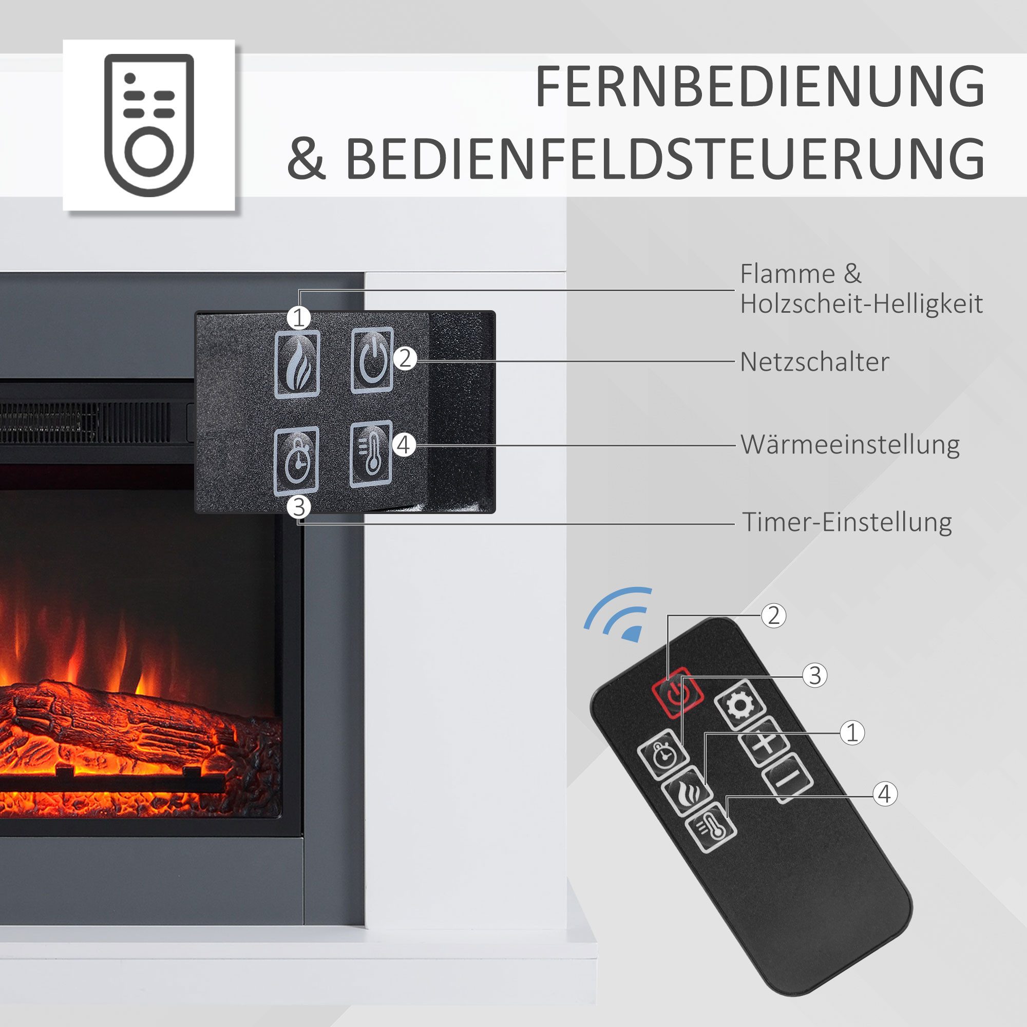 HOMCOM Elektrokamin Dekokamin mit Heizung, 3 Helligkeiten, Thermostat, Fernbedienung, LED Elektrokamin Standkamin mit Flammeneffekt 1800,2000W Weiß – Bild 5 von 5