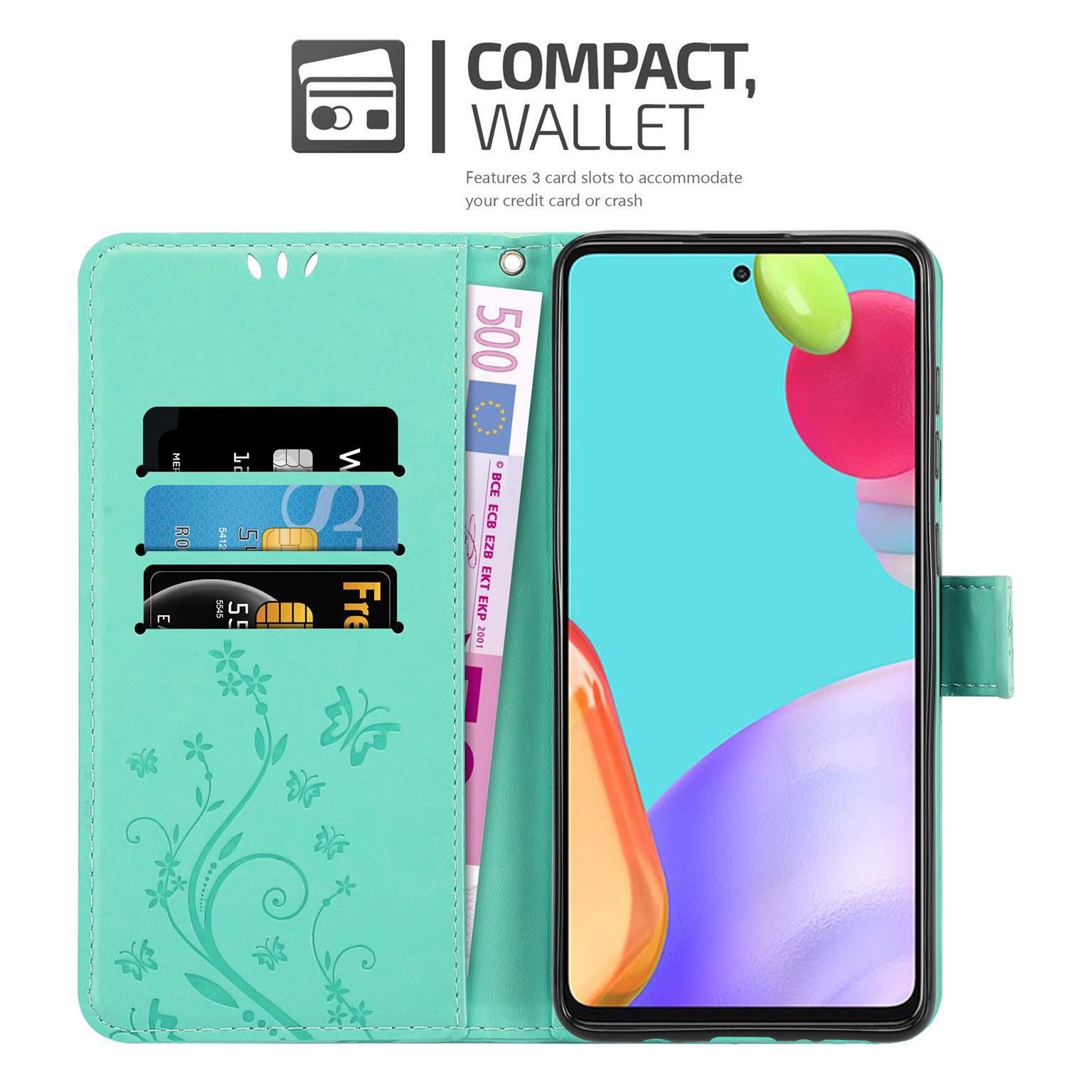 Cadorabo Handyhülle für Samsung Galaxy A52 (4G / 5G) / A52s Hülle Samsung Galaxy A52 (4G / 5G) / A52s, Hülle Schutzhülle Blumen Flower mit Standfunktion Kartenfach Magnet