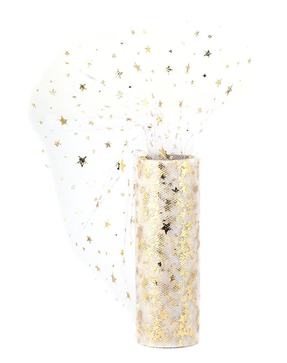 Creativery Stoff, Tüll Stoff Rolle 9m x 15cm Sterne, weiß / gold