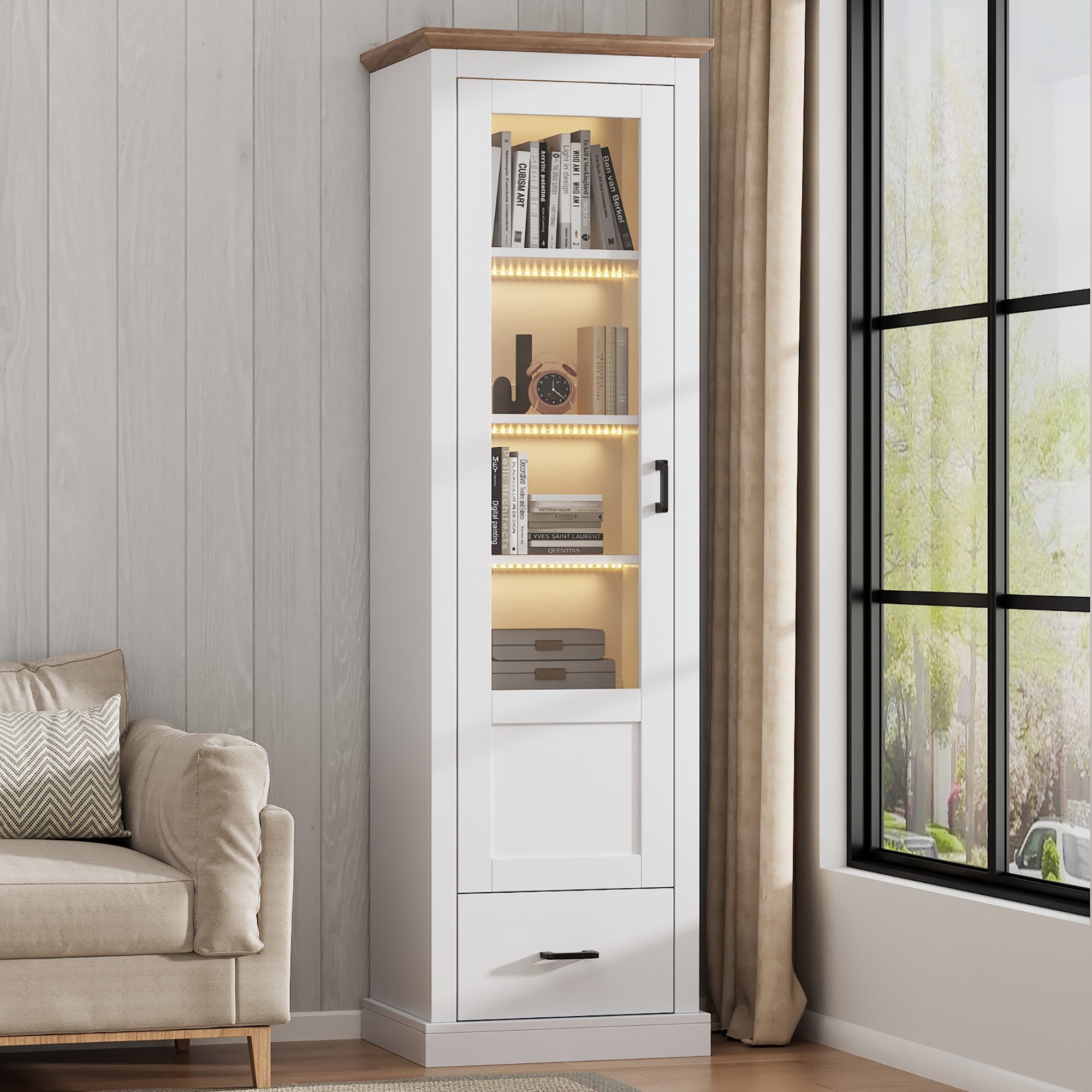 STILVORA Vitrine mit USB&LED,Glasvitrine Standvitrine mit Schublade,Highboard aus Acryl