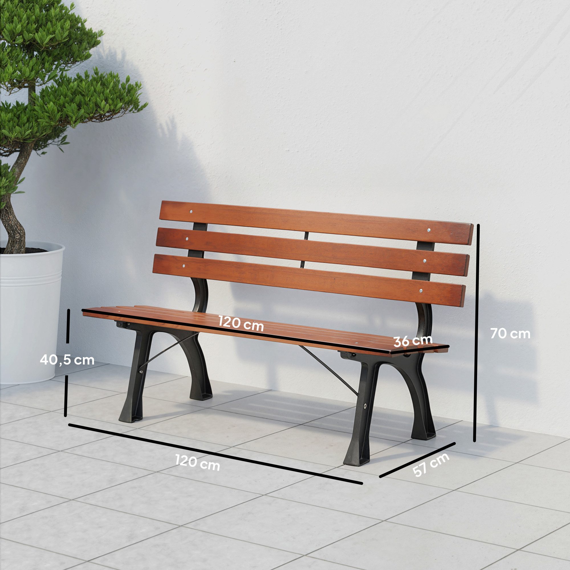 Outsunny Gartenbank Friesenbank, Holzbank für Garten, Balkon (Sitzbank, 1-St., Parkbank mit Rückenlehne), max. 240 kg, Kaffee, 120 x 57 x 70 cm