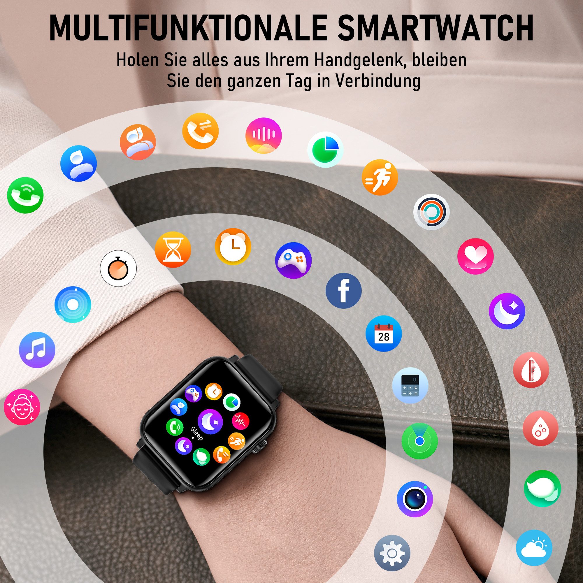 BRAIDOL Smartwatch,Fitness Tracker uhr für Damen Herren mit Telefonfunktion Smartwatch (5 cm/1,96" extra großem HD-Touchscreen Zoll) 4 Austauschbare Armbänder,Frauengesundheit,Fitness Tracker mit Schrittzähler, Always-on-Screen-Funktion, IP67 Wasserdicht Fitness Uhr, Blutsauerstoffmessung,Sportuhren mit Herzfrequenzmessung