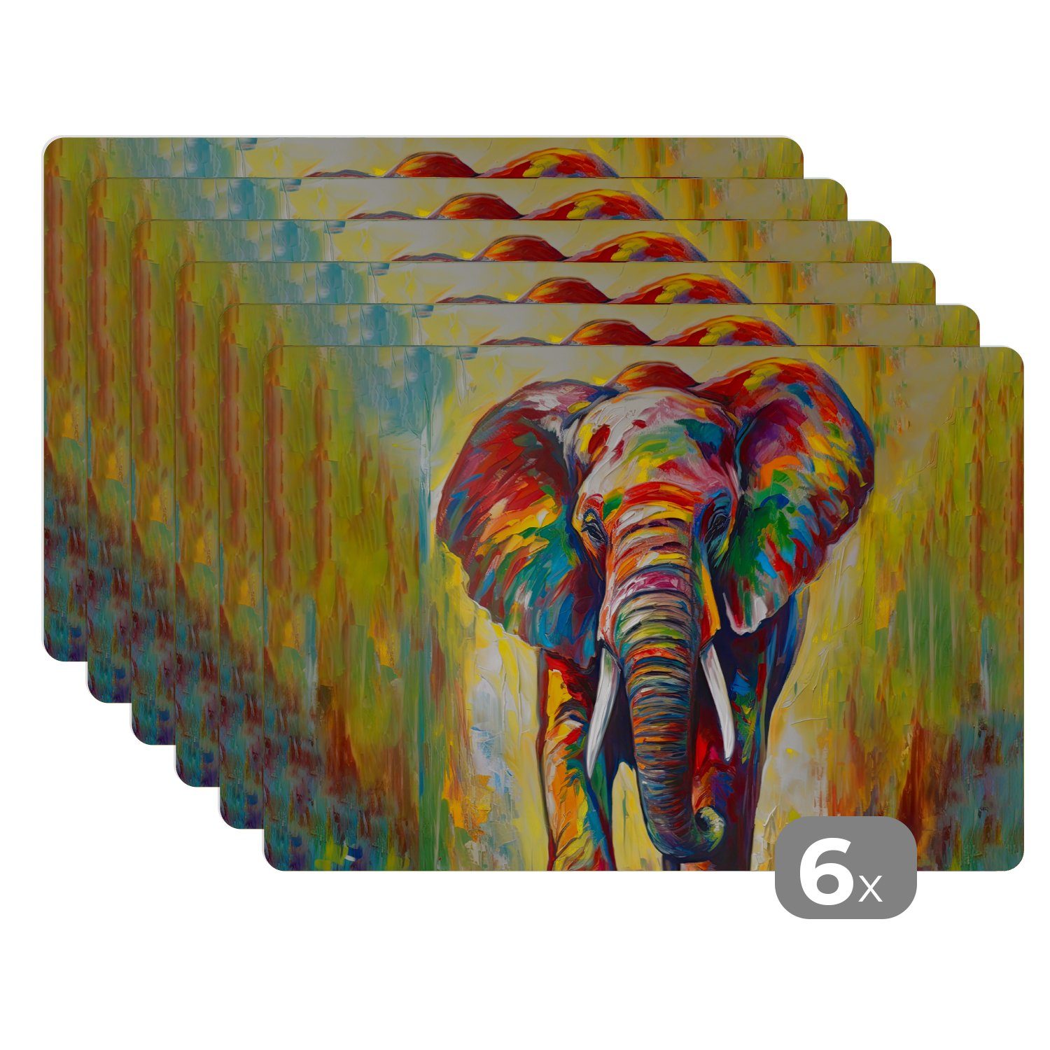 Platzset, Elefant - Kunst - Malerei - Tiere - Regenbogen, MuchoWow, (6-St), Platzset, Platzdecken, Platzmatte, Tischmatten, Schmutzabweisend | Tischsets