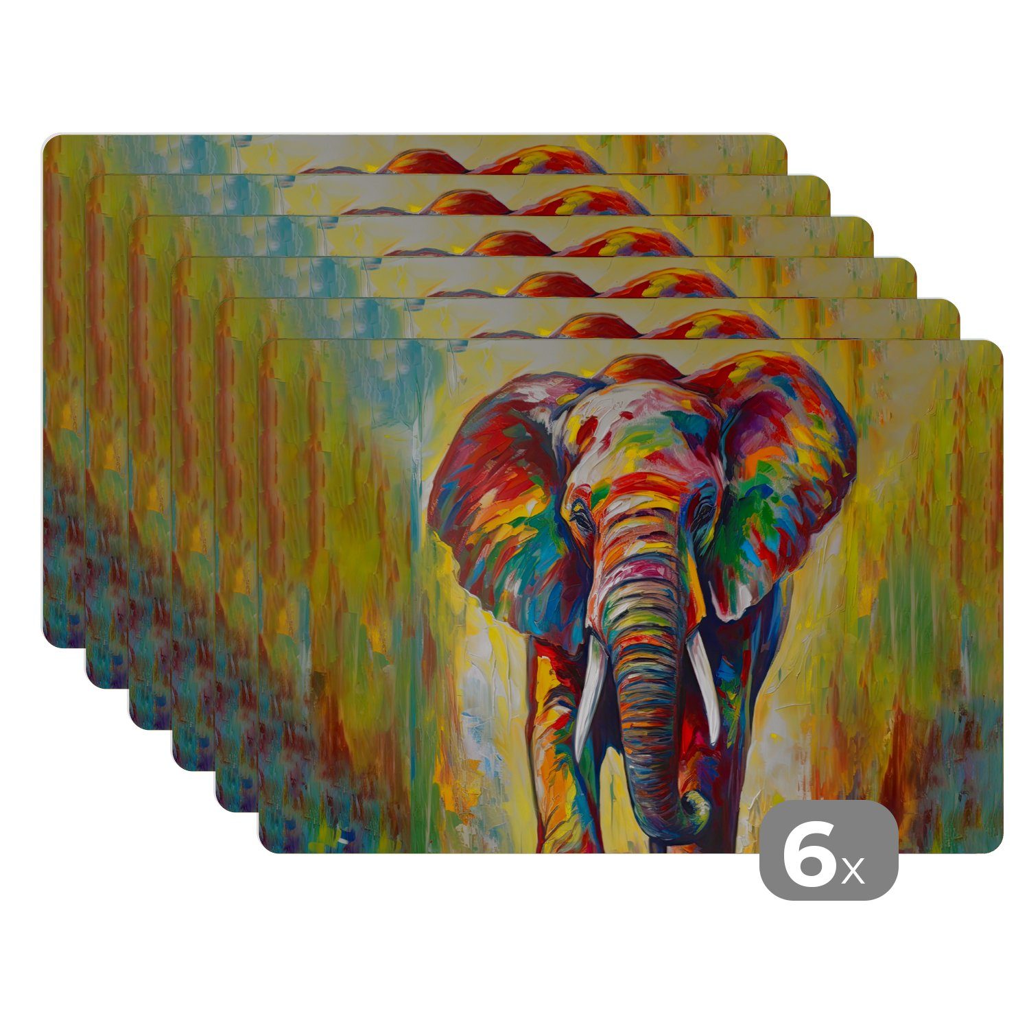 Regulärer Versandhandel Platzset, Elefant - - Tiere - Tischmatten, Regenbogen, MuchoWow, (6-St), Malerei Kunst Platzmatte, Schmutzabweisend - Platzset, Platzdecken