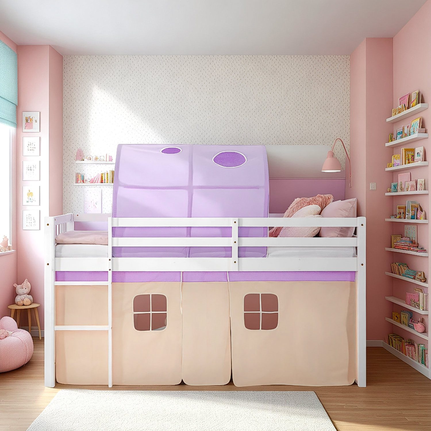 Homestyle4u Kinderbett Hochbett 90x200 mit Lattenrost Tunnel Vorhang Lila O günstig online kaufen