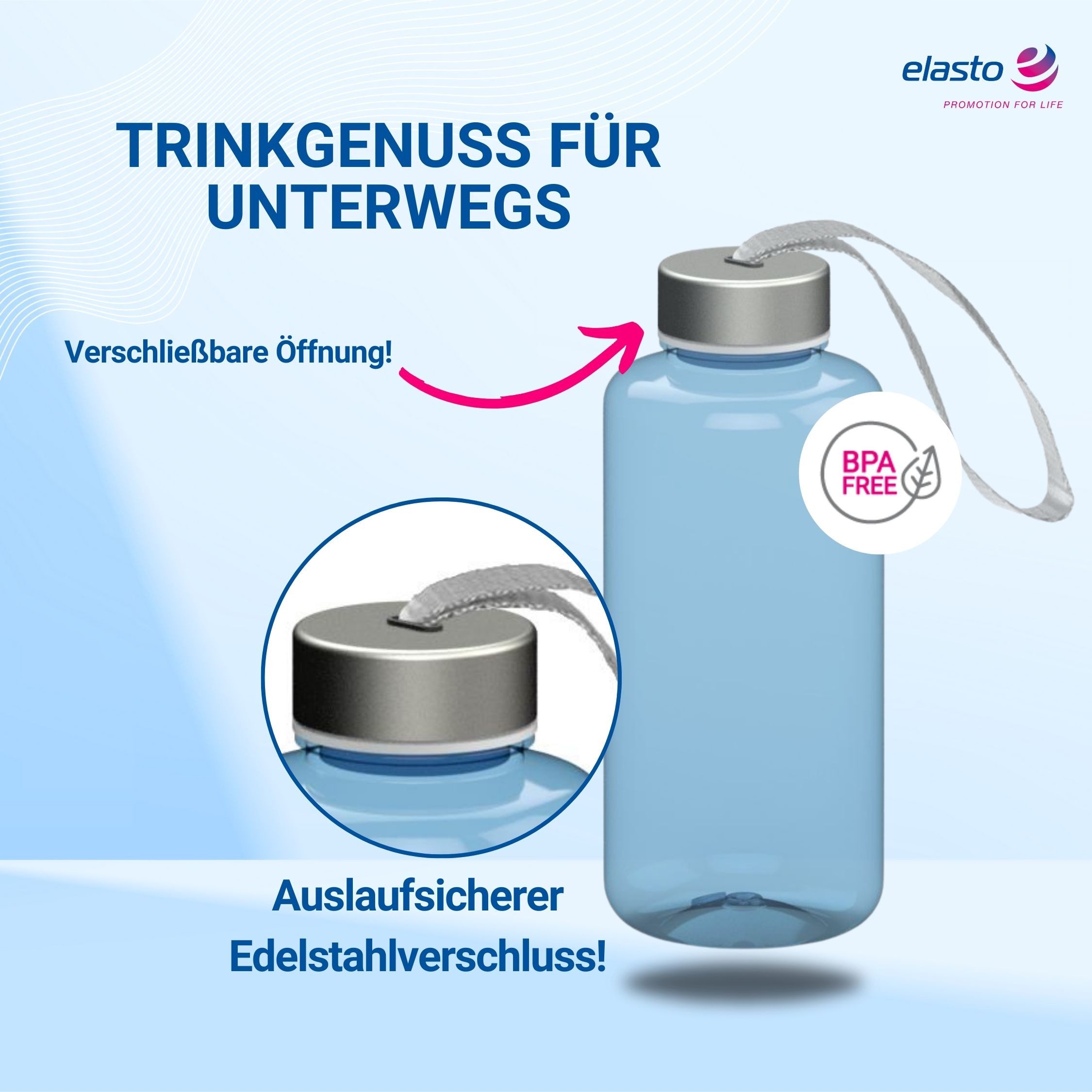 elasto Trinkflasche 1 L Wasserflasche "Pure" Tritanflasche mit Trägerband, Made in Germany, Spülmaschinenfest, Leicht zu reinigen, Sportflasche – Bild 3 von 5
