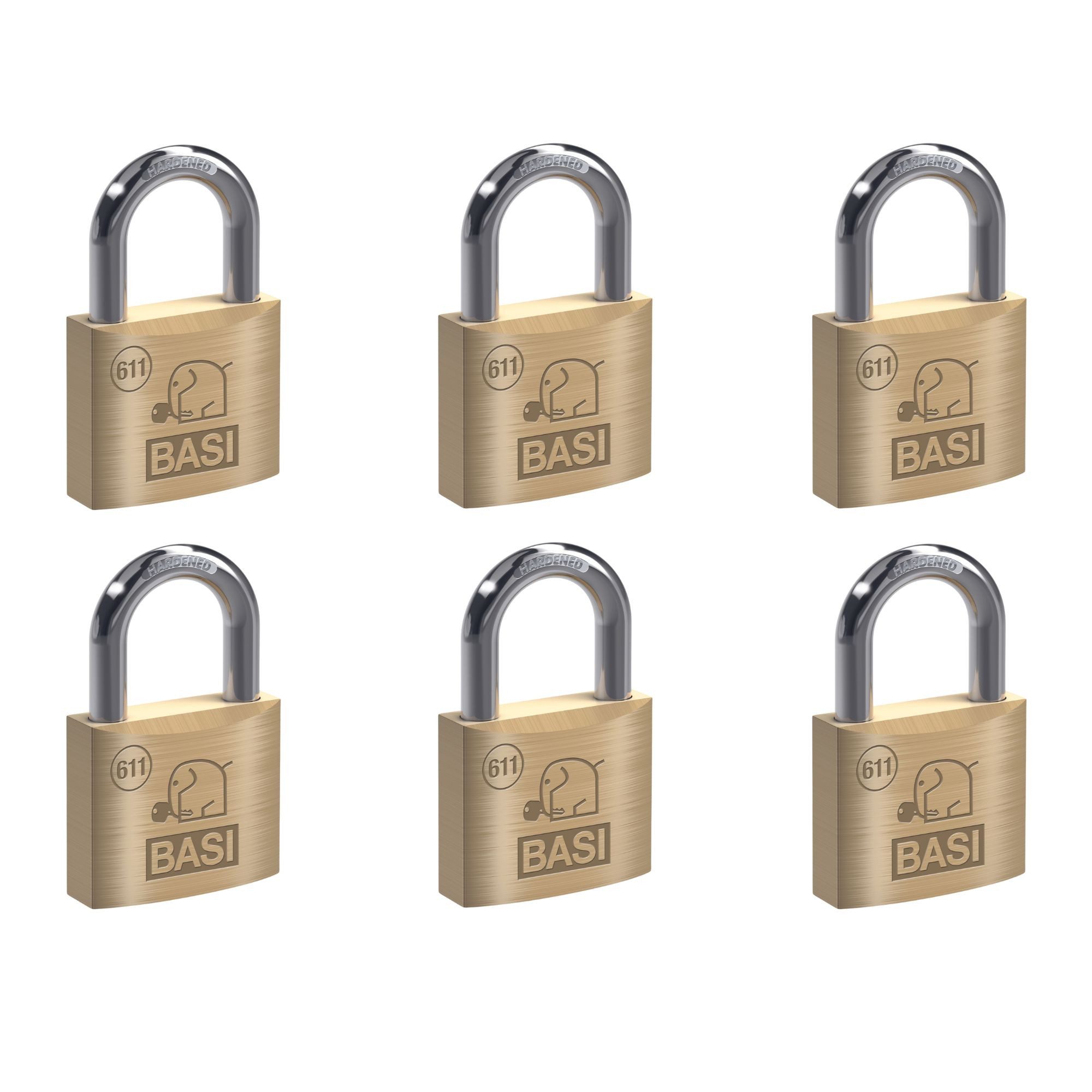 BASI Vorhängeschloss Vorhangschloss, (Spar-Set, 6-tlg), 6er Set, VS, Bügelschloss 30 mm, Messing, Stahlbügel, 6 Stück