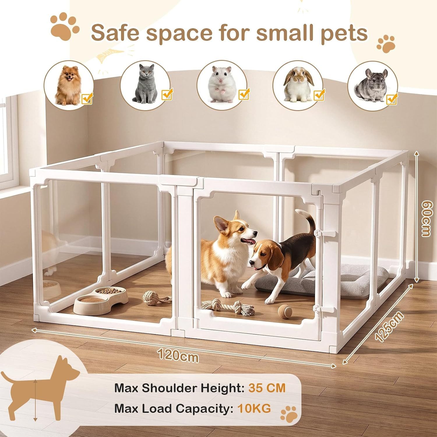 TLGREEN Freigehege Acryl Welpenauslauf 125×120×60cm, mit Tür, modularer Kleintierzaun, 8 Platten mit Anti-Rutsch-Füßen