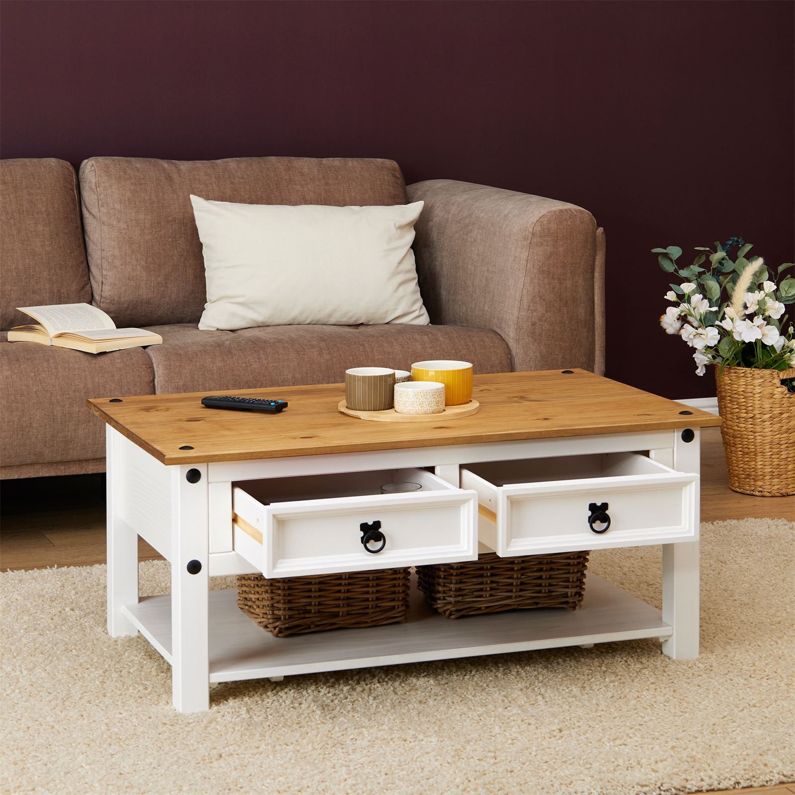 CARO-Möbel Couchtisch CAMPO, Sofatisch aus Kiefer Massivholz mit 2 Schubladen im Mexico-Stil weiß