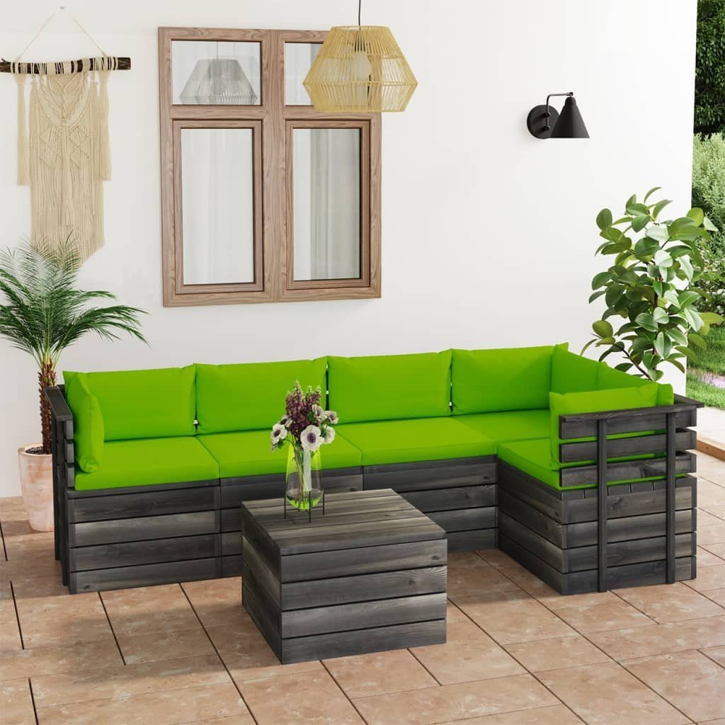 Hellgrün Garten-Sofagarnitur mit Paletten (6-tlg) Kissen 6-tlg. aus Kiefernholz, vidaXL Gartenlounge-Set