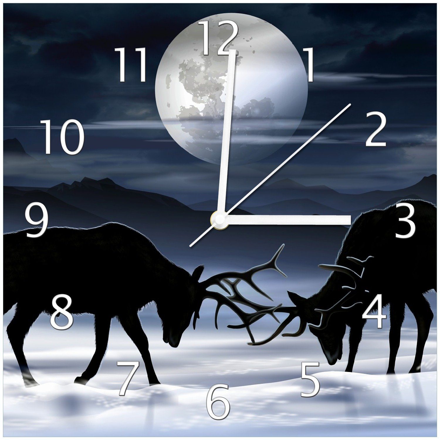 Wallario Wanduhr Elch im Schnee bei Mondschein - Silhouette am Abend (Glasuhr)