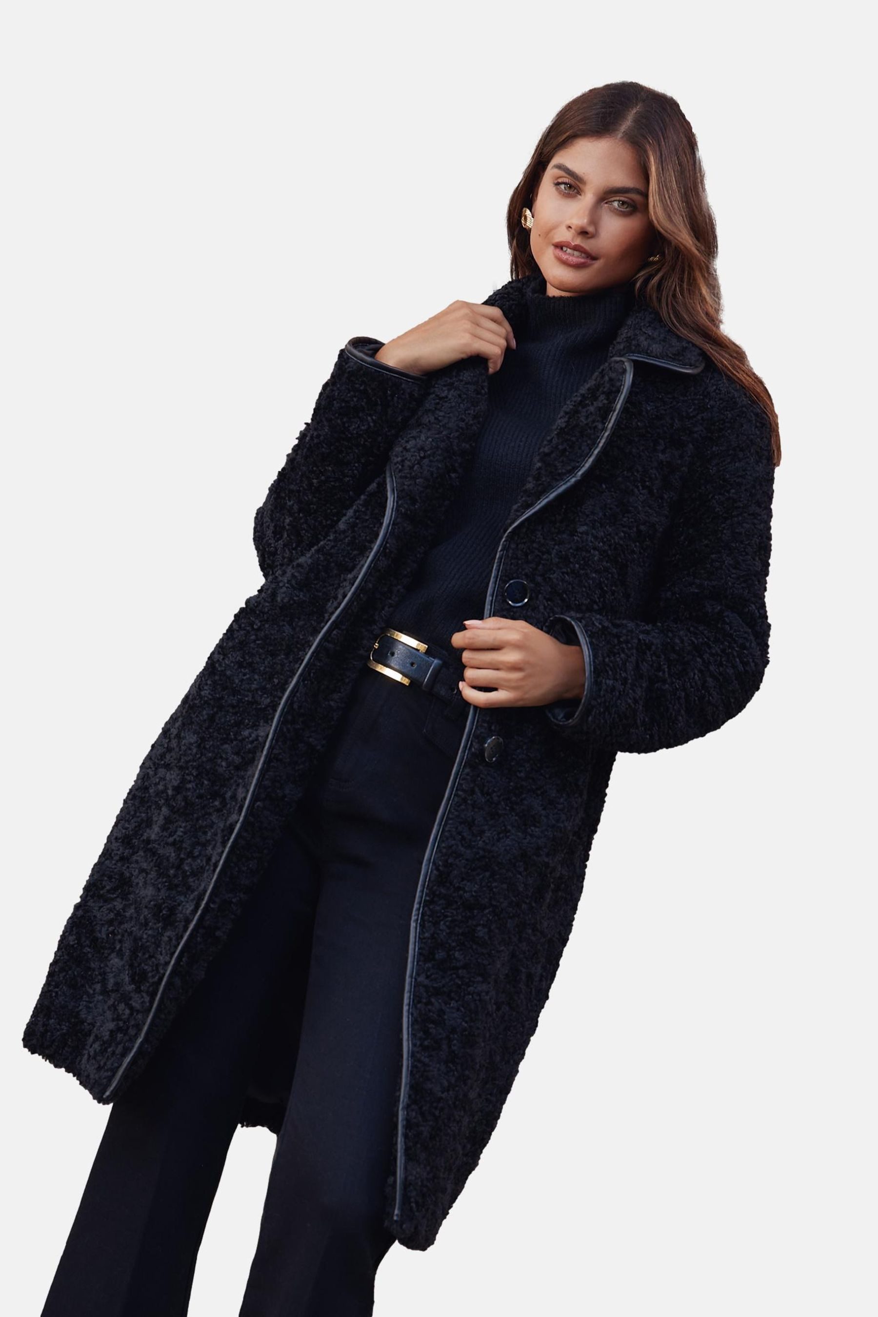 LIPSY Ledermantel Lipsy Teddyfellmantel mit Kunstlederbesatz Regular (1-tlg)