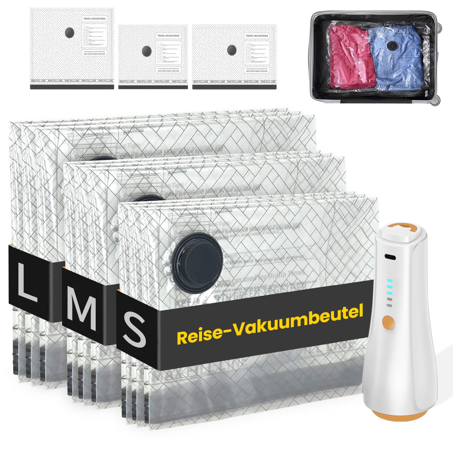 oyajia Kofferorganizer Vakuumbeutel für Kleidung mit kabelloser USB Vakuumpumpe 15 Stück (Transparente, langlebige und wiederverwendbare Vakuumbeutel in drei Reisegrößen – ideal für Kleidung, 5x 40x50cm, 5x 40x60cm, 5x 50x60cm), Handgepäck und ordentliches Packen auf Reisen.