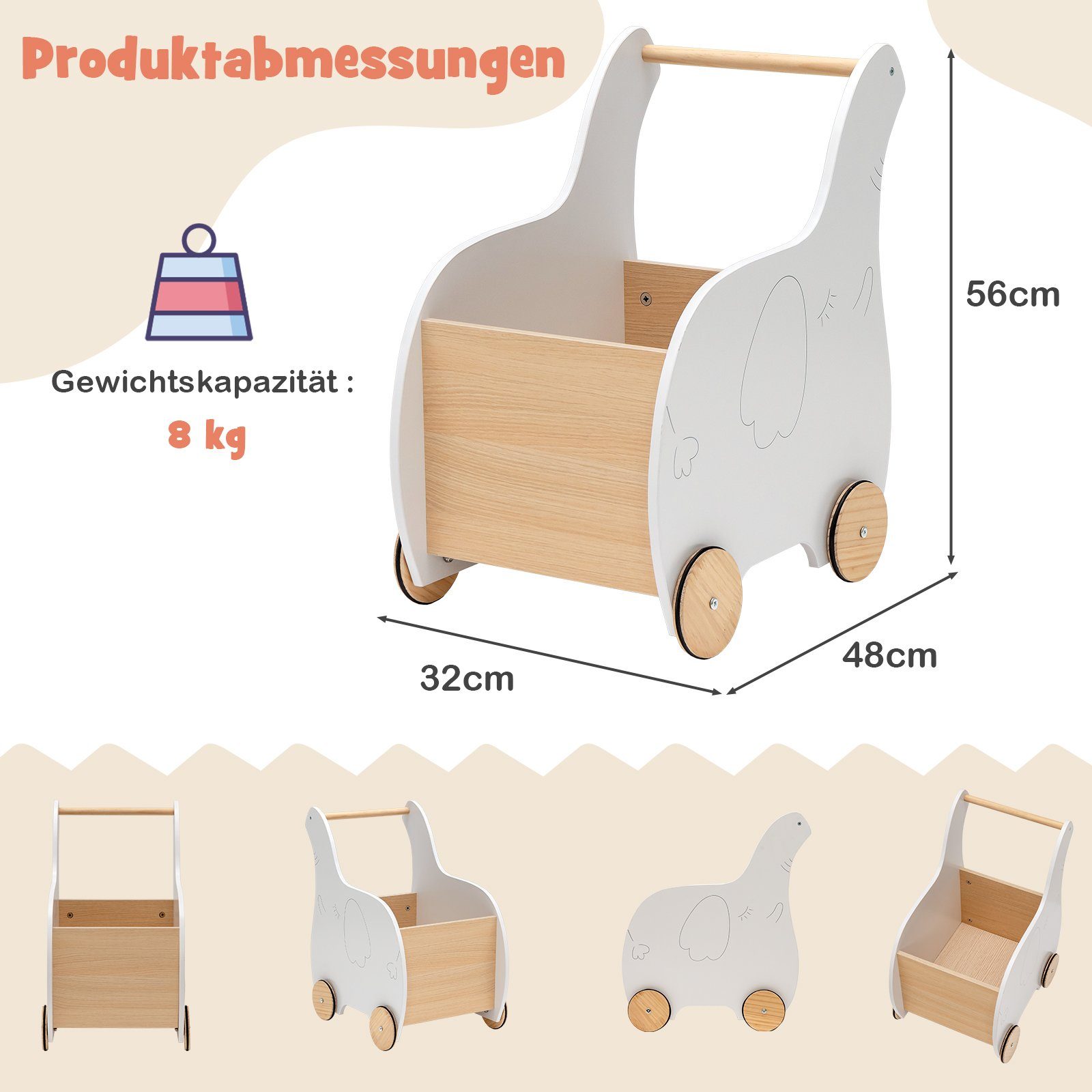 COSTWAY Lauflernwagen 2 in 1 Spielzeugkiste, aus Holz, mit 4 Rädern