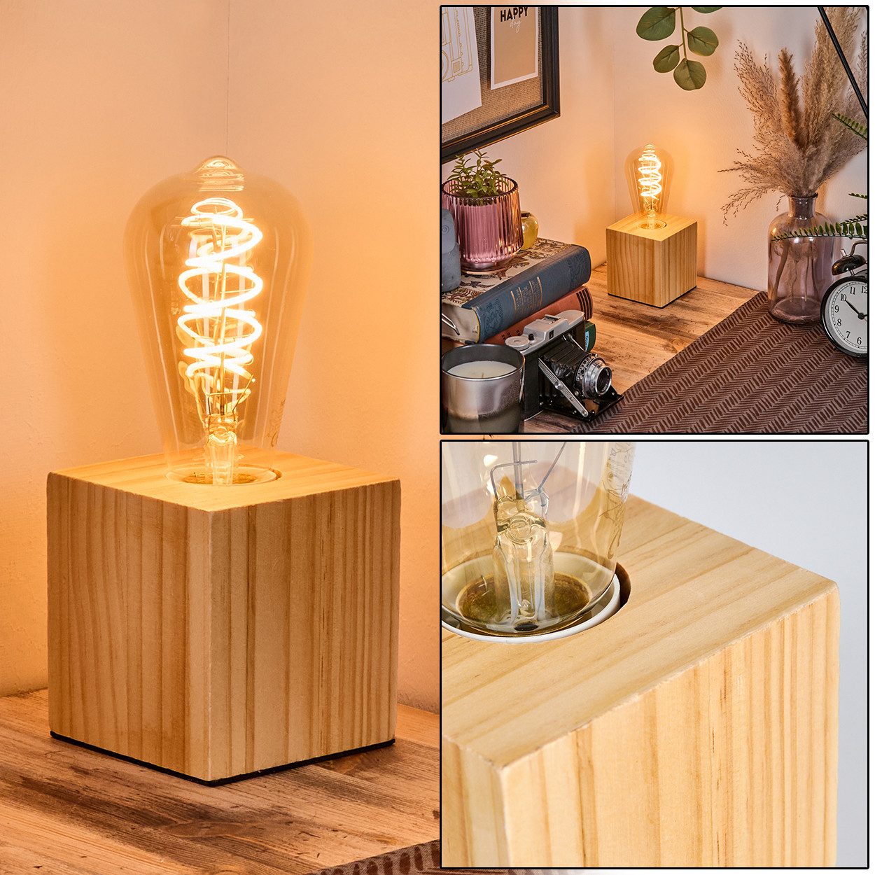 hofstein Tischleuchte Tischlampe aus Holz in Naturfarben mit Schalter am Kabel, ohne Leuchtmittel, moderne Leuchte im skandinavischen/Boho-Design, Höhe 9 cm, E27