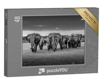 puzzleYOU Puzzle Elefantenherde in Tansania, schwarz-weiß, 48 Puzzleteile, puzzleYOU-Kollektionen Tiere