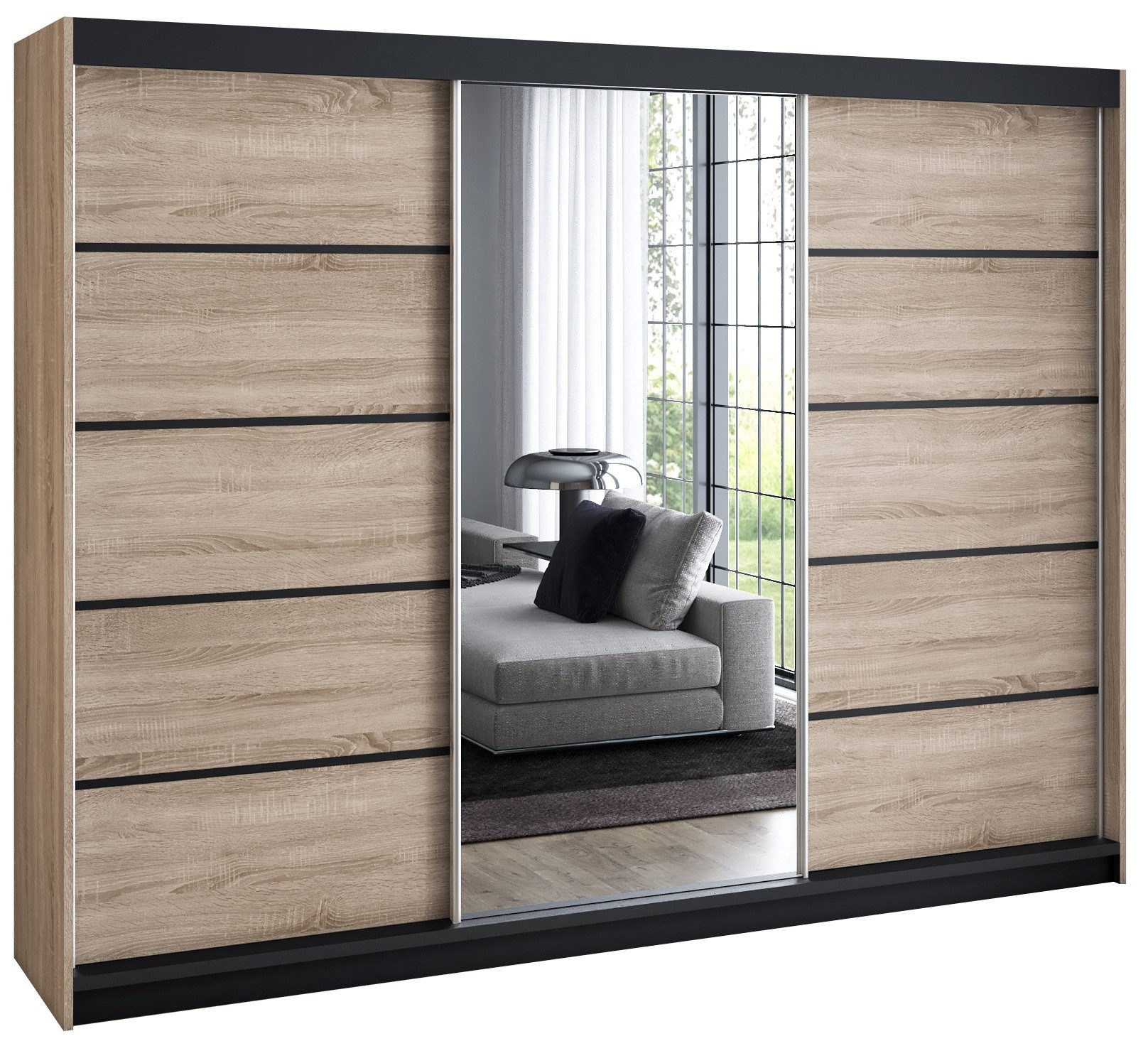 A&J MöbelLand GmbH Schiebetürenschrank VILUNO 1 mit 4 Schubladen und Spiegel (TOP ANGEBOT! Geräumiger Schrank mit einer Breite von 200 cm und Spiegel, ideal zur Aufbewahrung von Kleidung und Accessoires. 4 Schubladen und viel Stauraum. TOP PRODUKT! Wählen