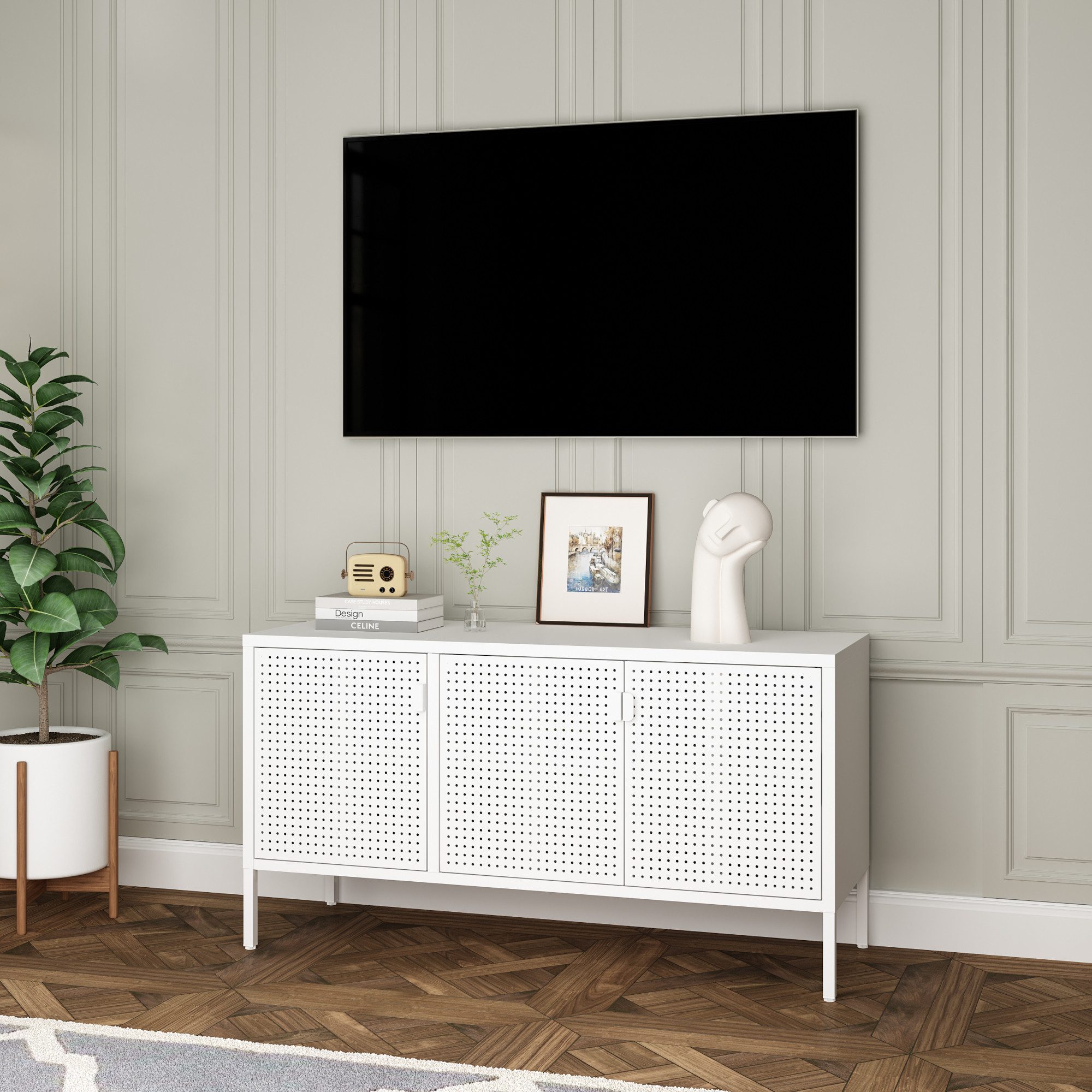 en.casa TV-Schrank Fernsehschrank »Castelli« 114x40x60 cm Weiß Stahl