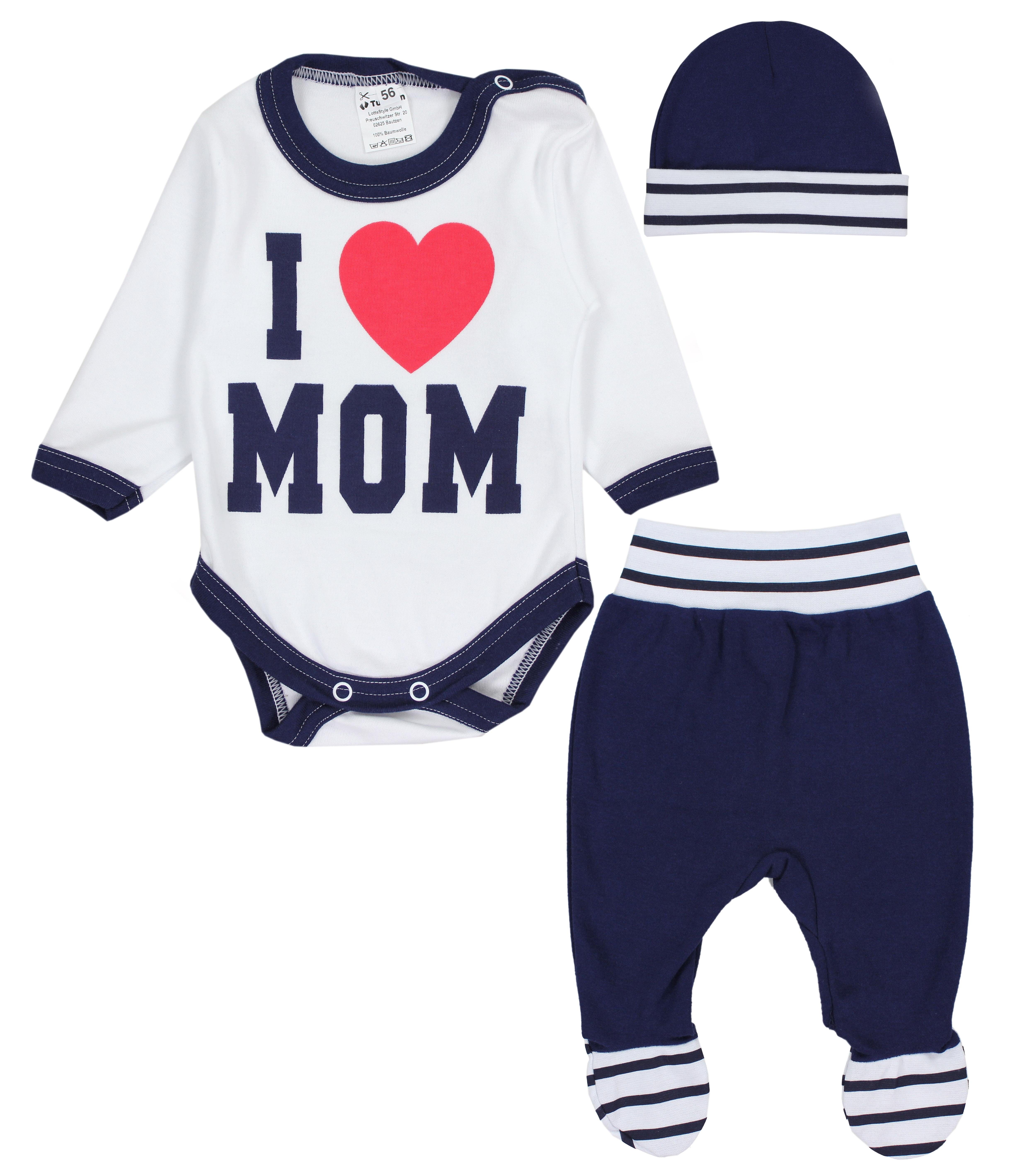 TupTam Erstausstattungspaket Baby Kleidung Set Body Strampelhose Mütze Bekleidungsset I Love Mom Dunkelblau