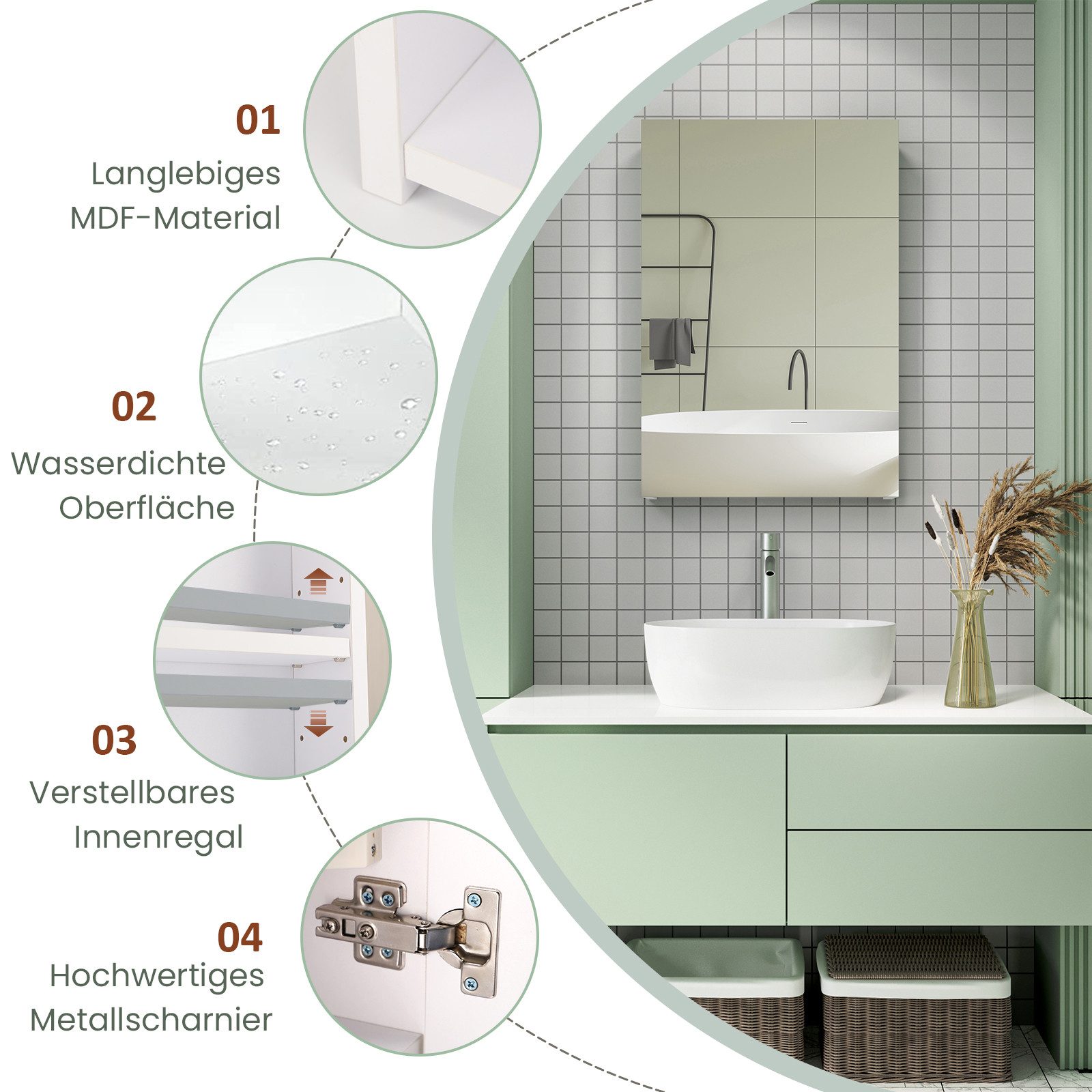 Dripex Spiegelschrank Badezimmerschrank mit Spiegel Badschrank mit verstellbarem Einlegeboden – Bild 3 von 5