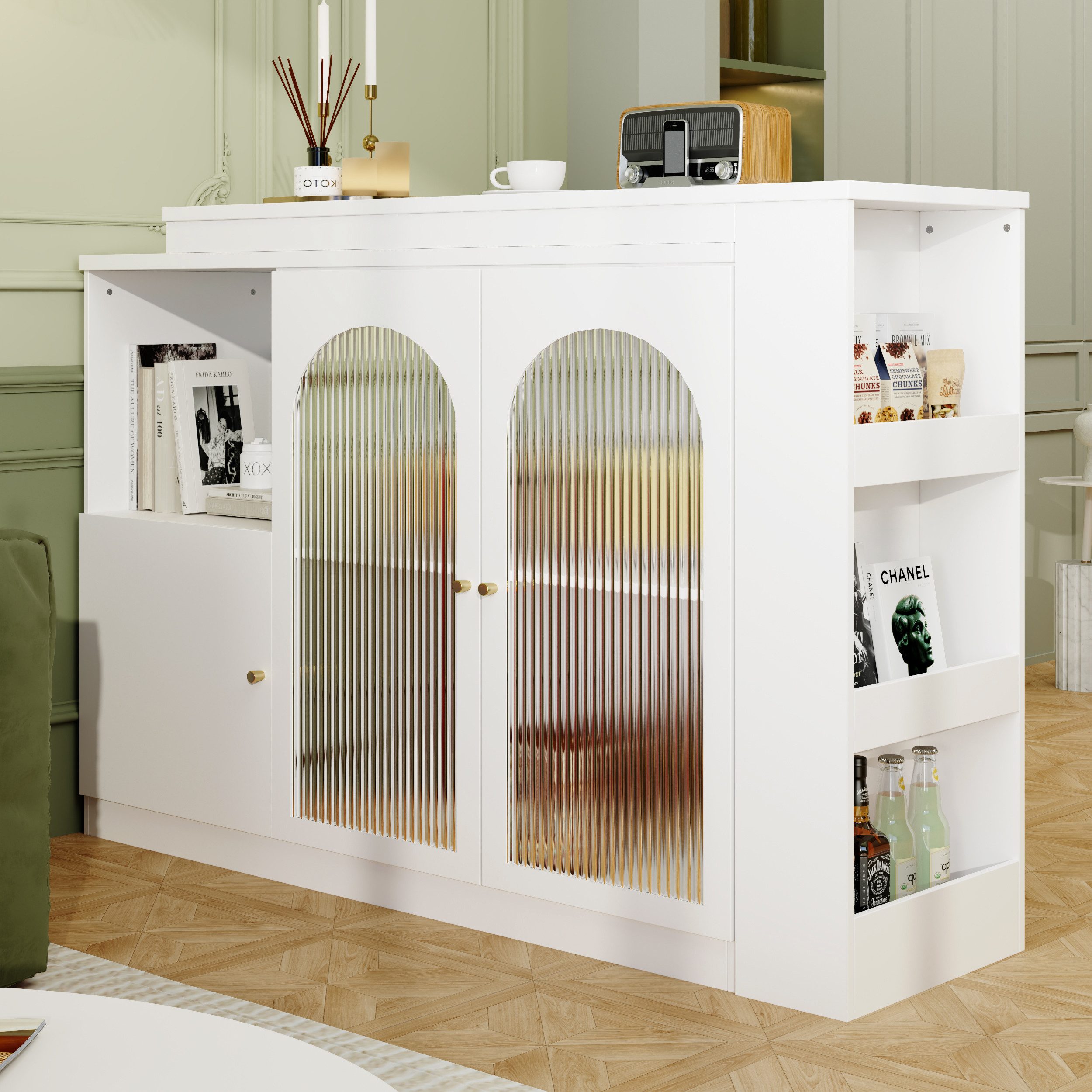 Flieks Bartisch 360° drehbar Stehtisch mit Sideboard (Set, 1-St., für Wohnzimmer, Küche und Esszimmer), ausziehbar Esstisch mit Glastüren Aufbewahrungsschrank Bistrotisch