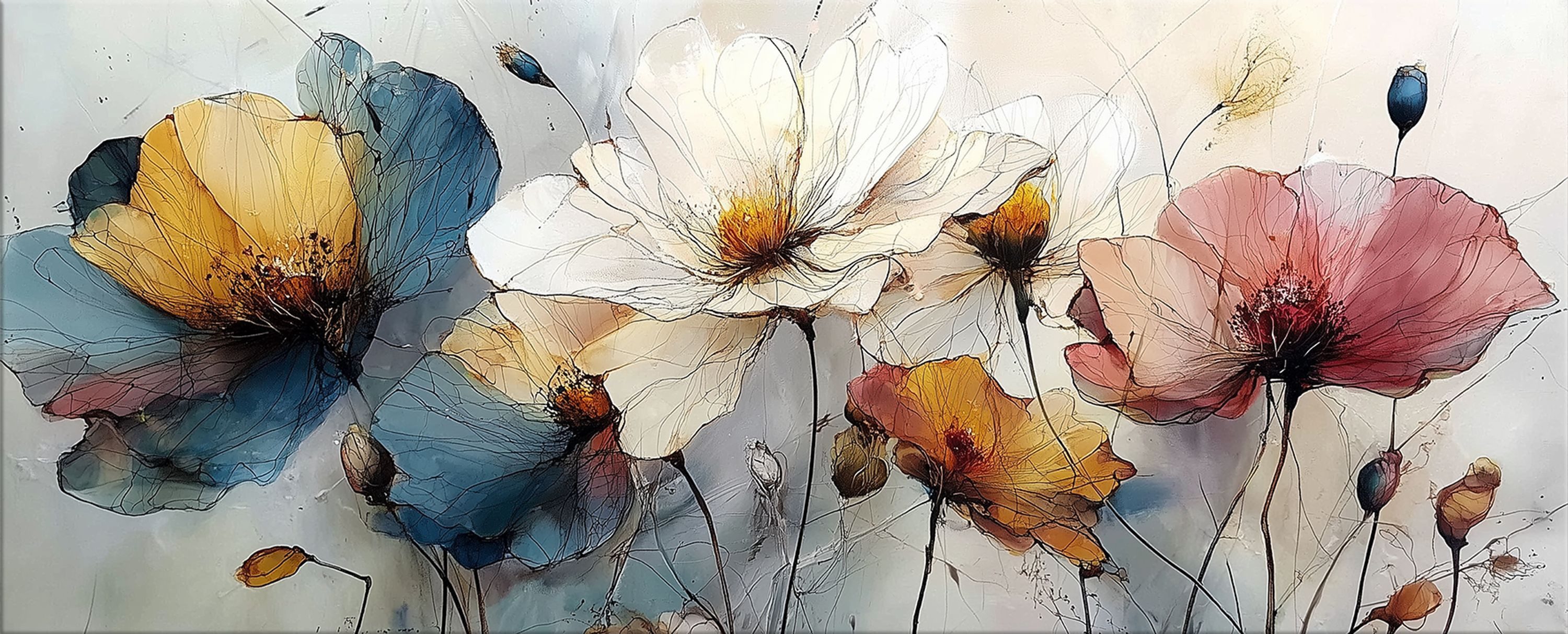 artissimo Glasbild Glasbild XXL 125x50 cm Blumen modern, Wandbild Blau Rosé, Bild elegant, Malerei: Mohnblumen