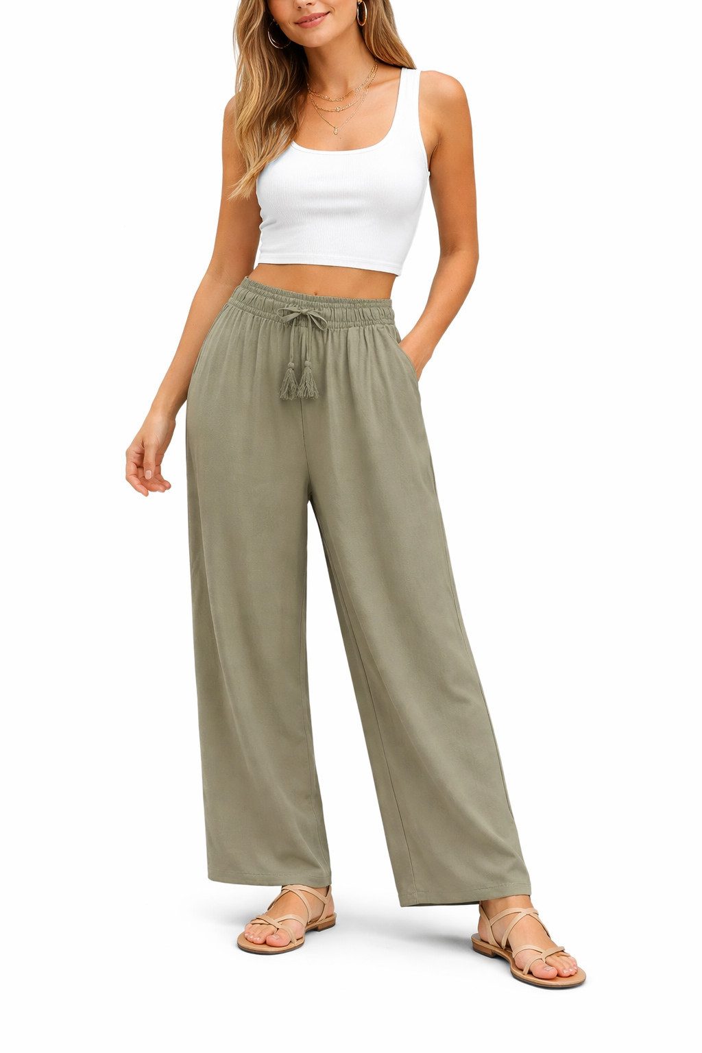 SUBLEVEL Chinos Damen Luftige Sommerhose Freizeit Weit geschnitten Stoffhose Musselin