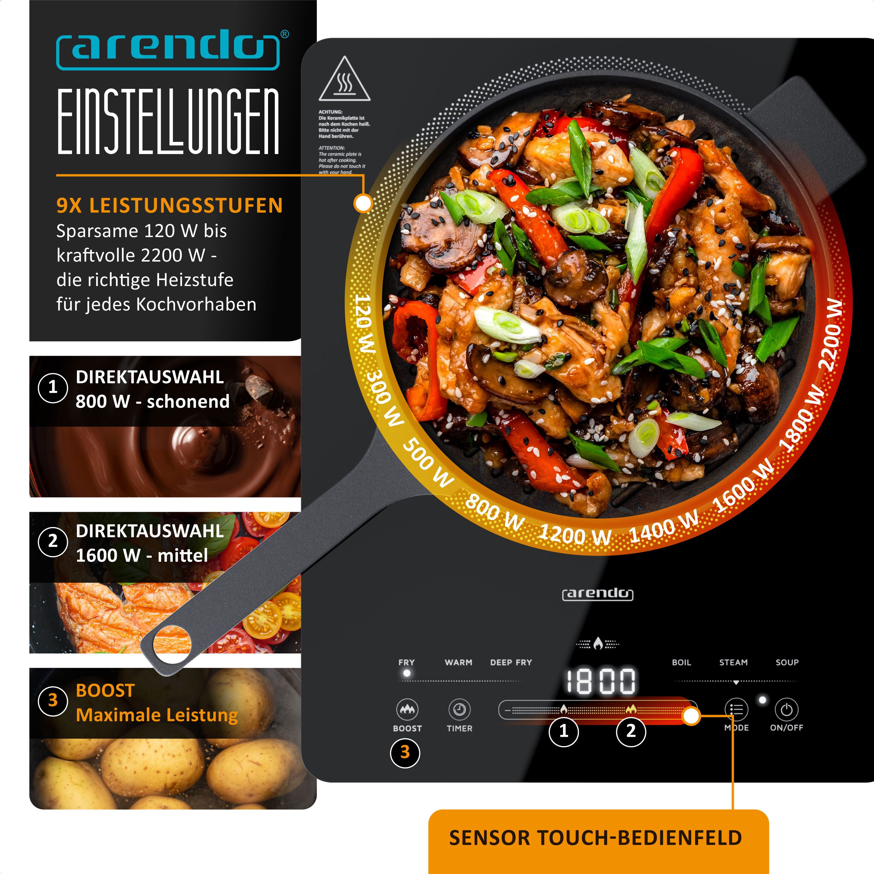 Arendo Induktions-Kochfeld Einzelkochplatte, Mobile 2200W Induktionsplatte, Timer, Sensor-Touch & Kindersicherung