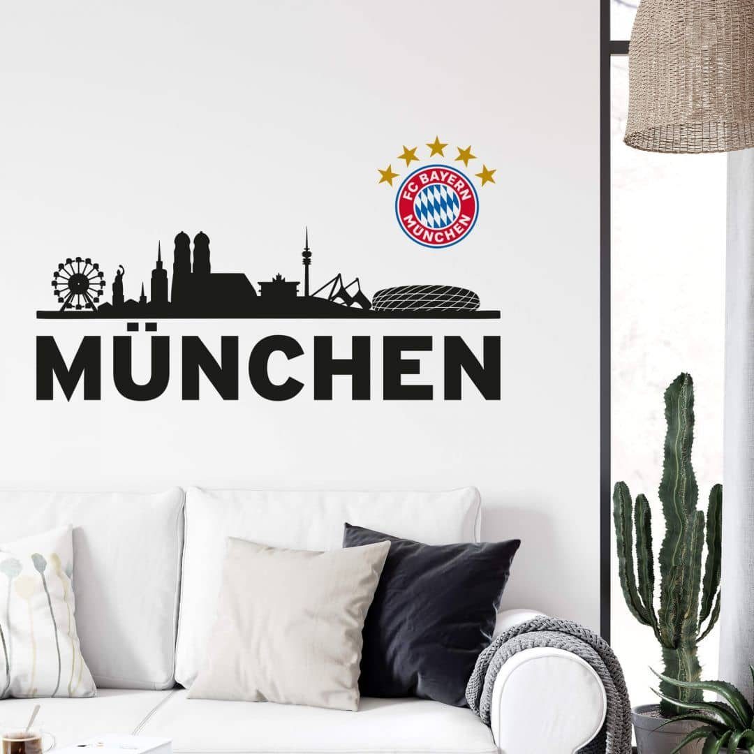 K&L Wall Art Wandtattoo Fußball Wandtattoo FC Bayern München Skyline Schwarz Sterne Logo Bunt, Wandbild selbstklebend, entfernbar