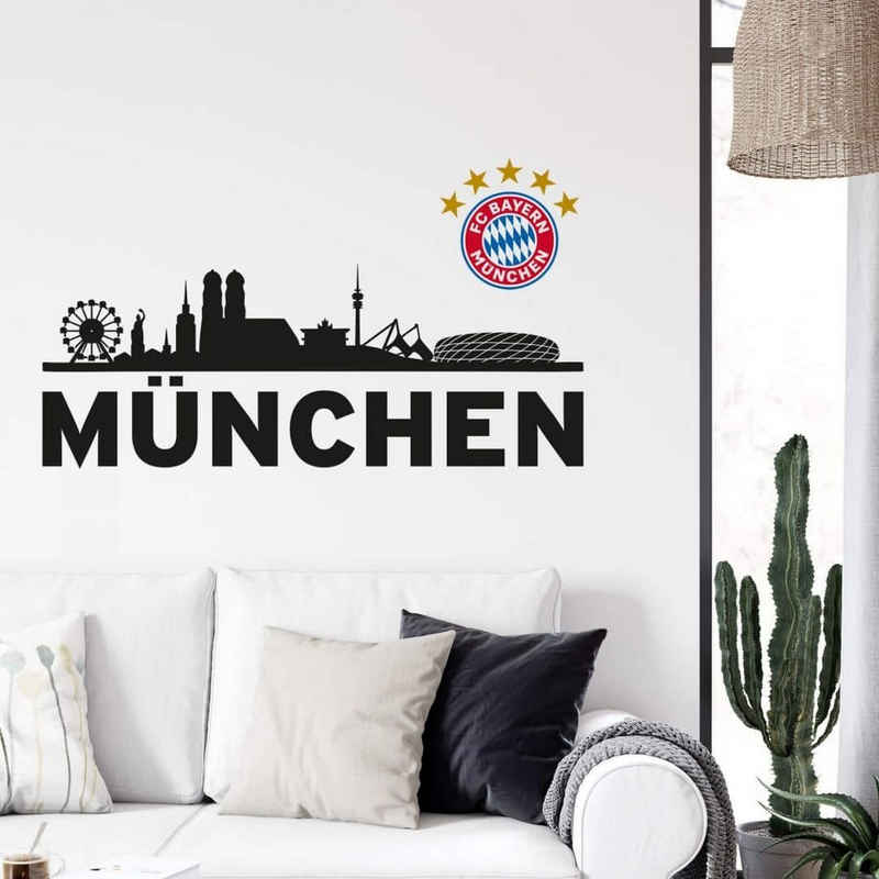 K&L Wall Art Wandtattoo Fußball Wandtattoo FC Bayern München Skyline Schwarz Sterne Logo Bunt, Wandbild selbstklebend, entfernbar