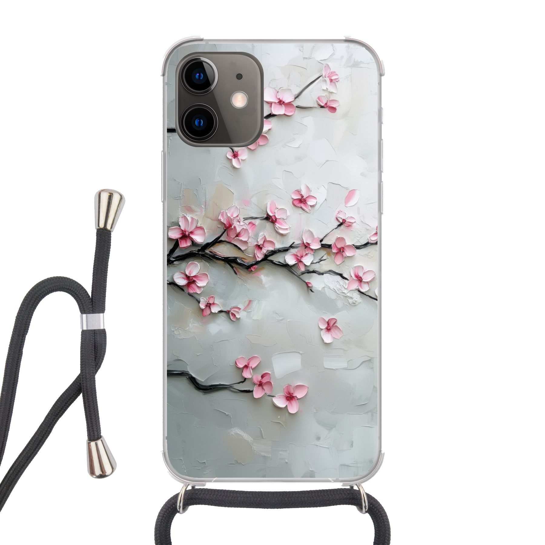 MuchoWow Handyhülle für Apple iPhone 11 Blüte - Künstlerisch - Rosa - Sakura, Tragbare Handyhüllen mit Kette zum umhängen, Handykette Handyband