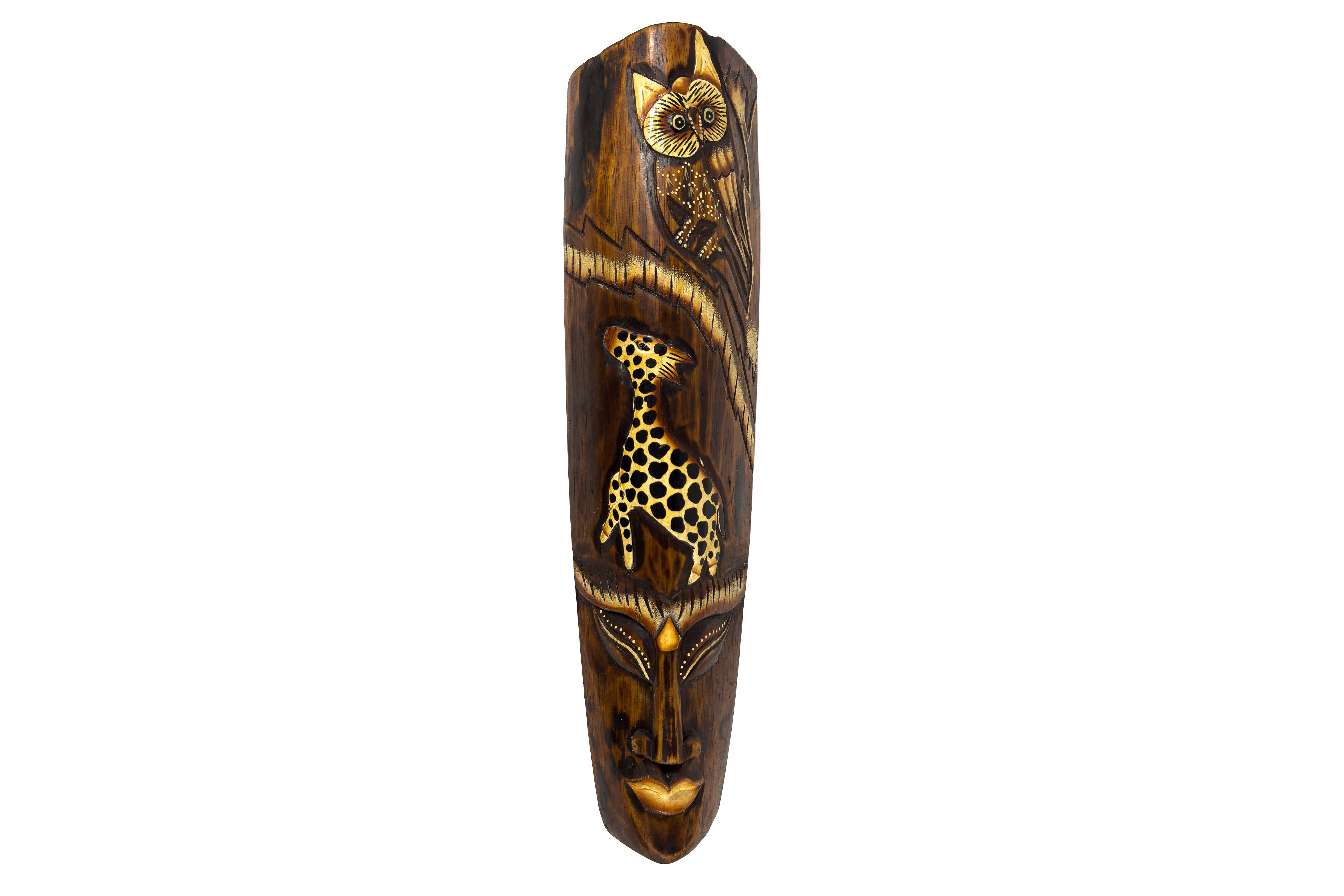 WORU Wanddekoobjekt Handgefertigte Holz-Wandmaske mit Eule & Giraffe – 50 cm