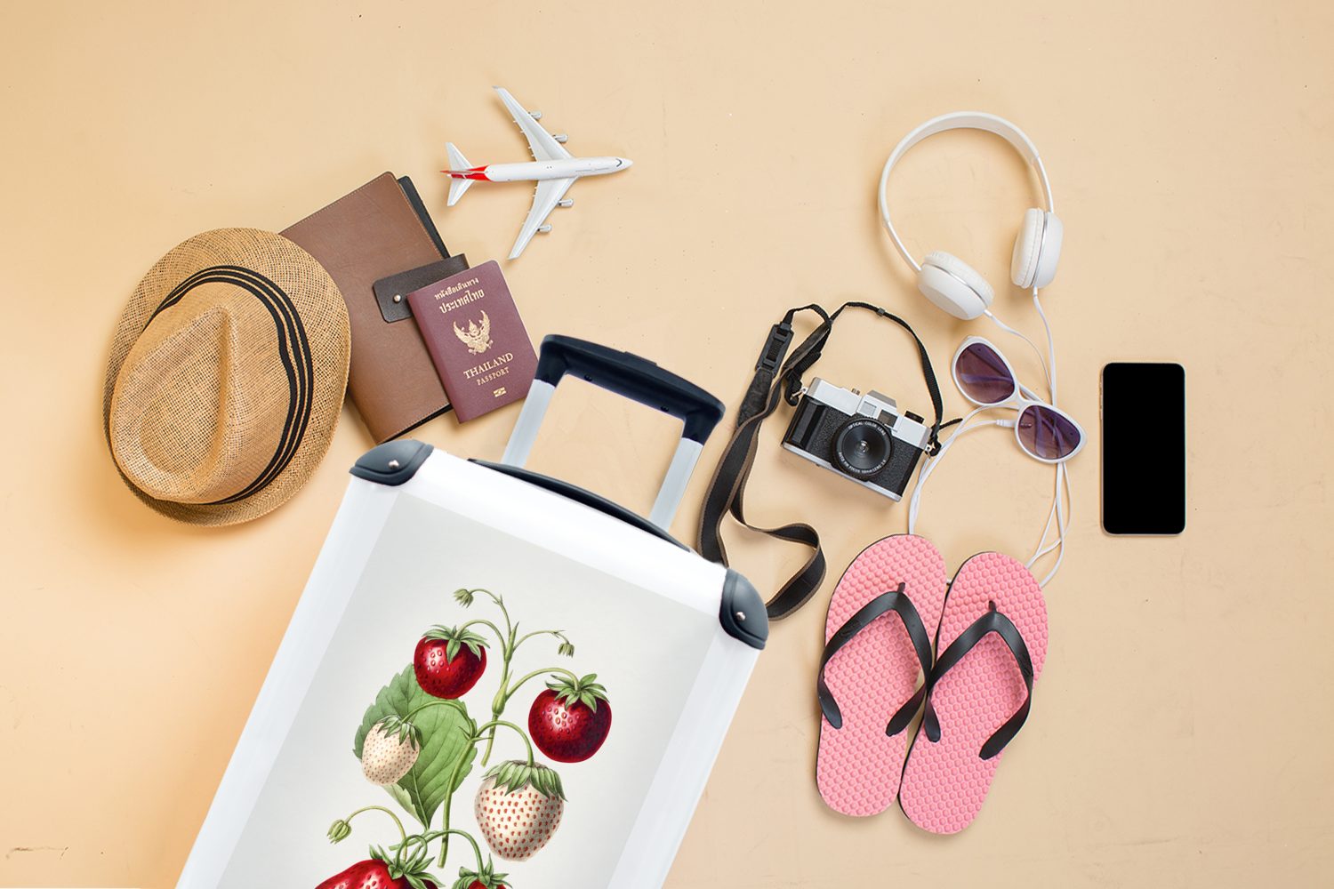 4 Ferien, MuchoWow mit Handgepäck Reisekoffer Reisetasche Erdbeere Trolley, Lebensmittel Rollen, rollen, für - Handgepäckkoffer - Obst,