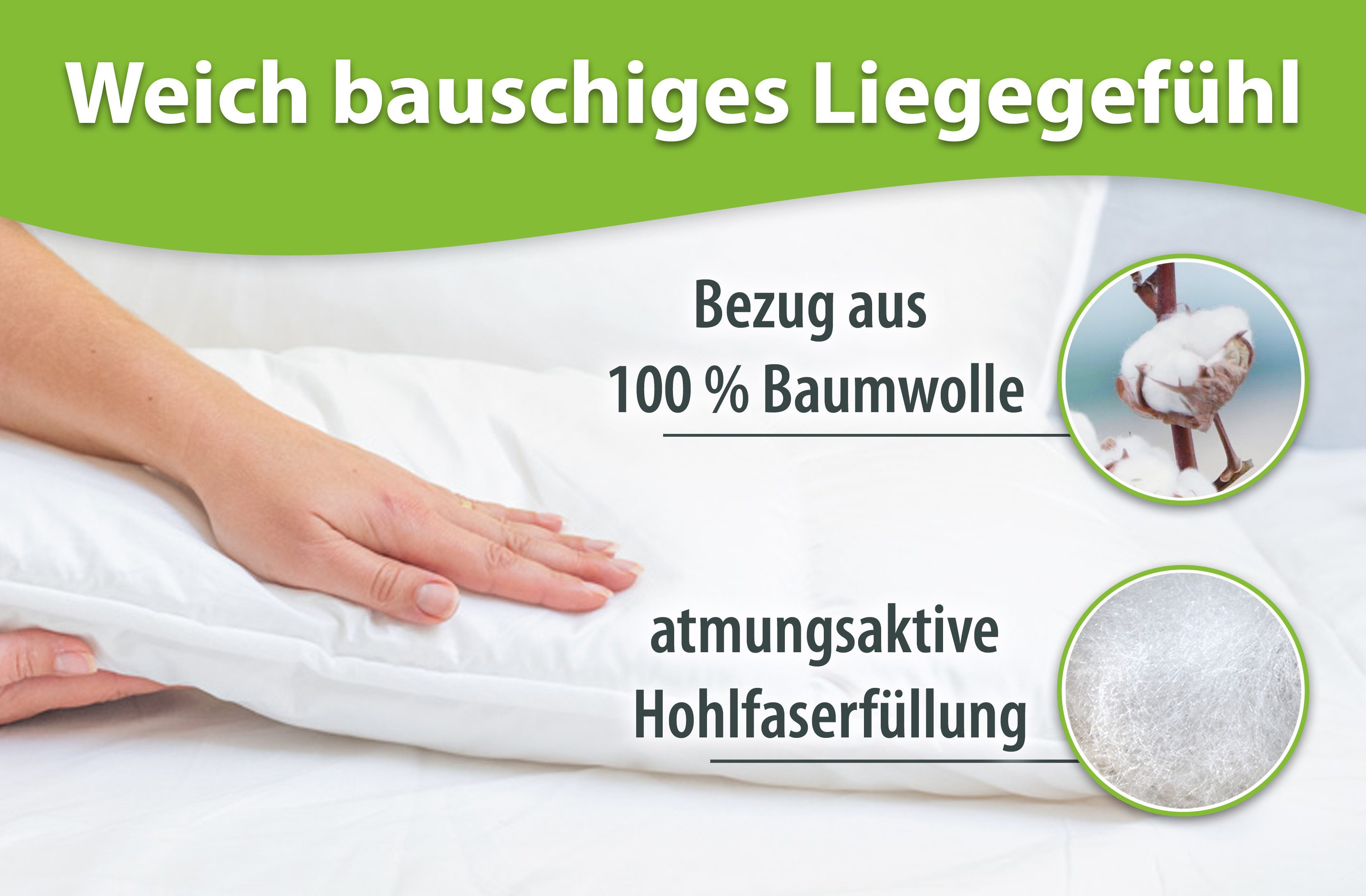 franknatur Bauchschläferkissen Bea, Bezug: 100% Baumwolle, Leichtes weiches Bauchschläfer-Kopfkissen
