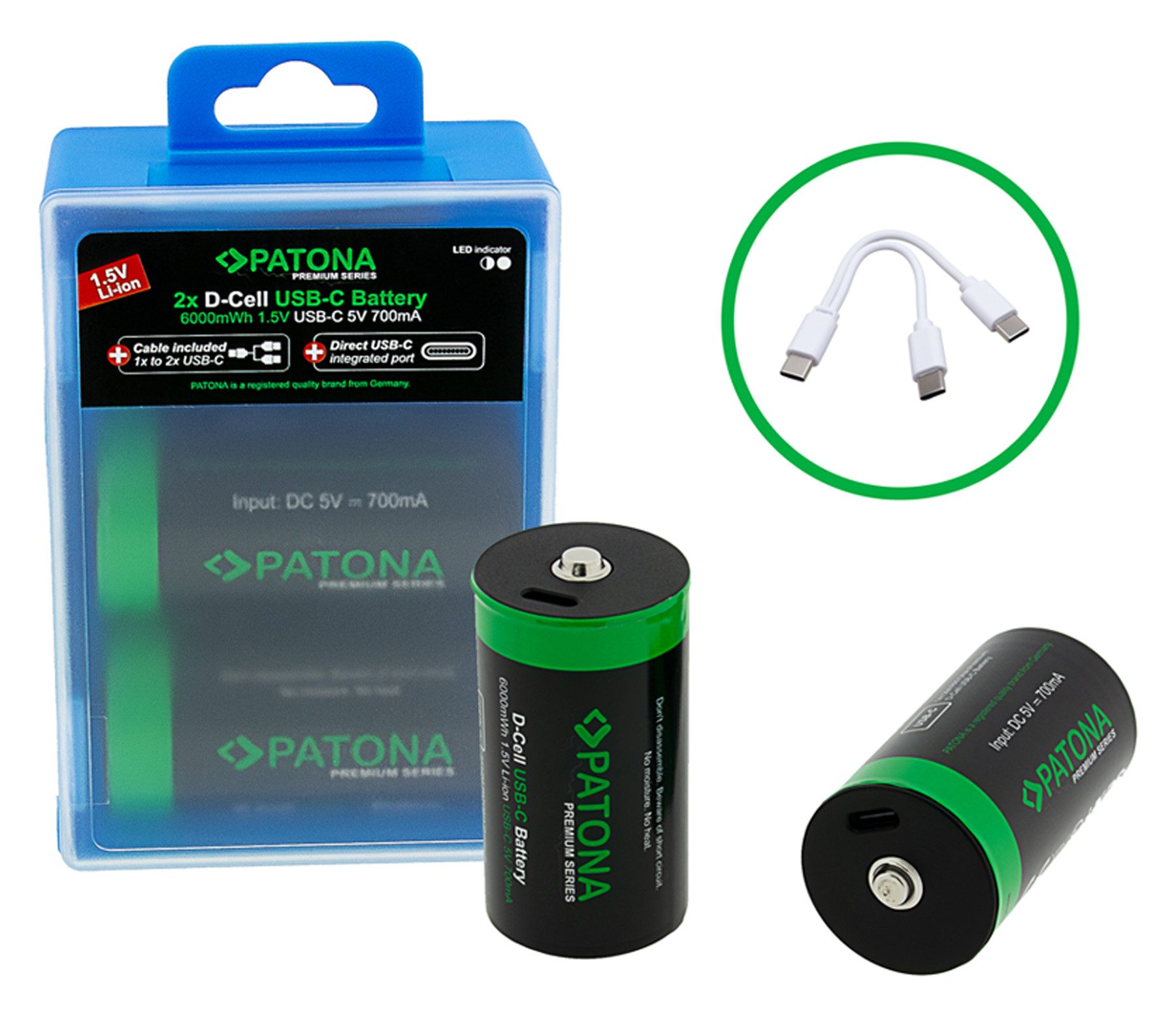 Patona 2 USB-C Батареи LR20 Mono D Akkus Lithium mit 6000mWh 1.5V Batterie, aufladbar mit 1 zu 2 USB-C Ladekabel (im Lieferumfang enthalten)