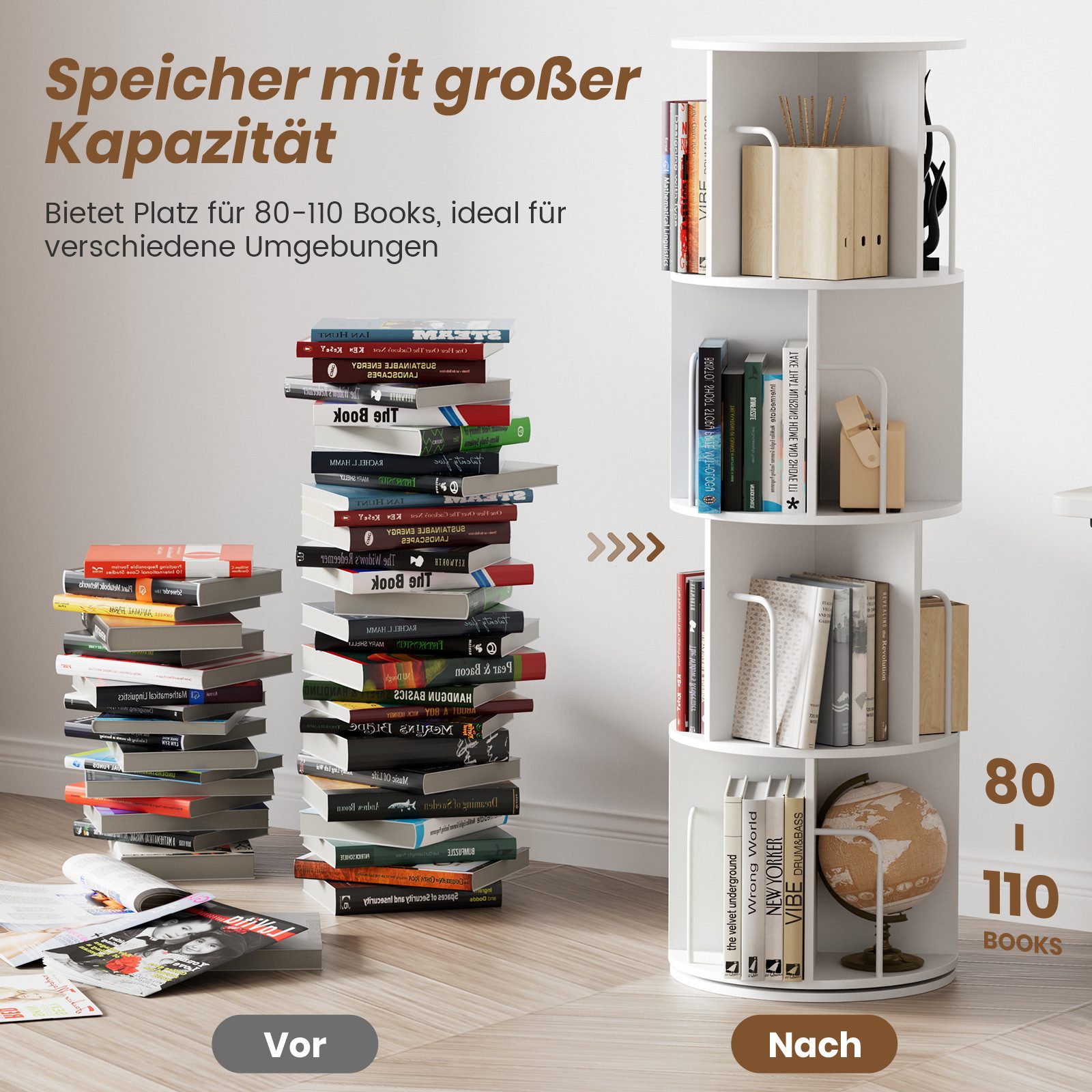 Oak&Tea Bücherregal Bücherregal drehbar mit 4 Ebenen, Standregal für Bücher & Deko, 4 Etagen, Höhe 128cm, drehbar, Durchmesser 40 cm, platzsparend – Bild 5 von 5