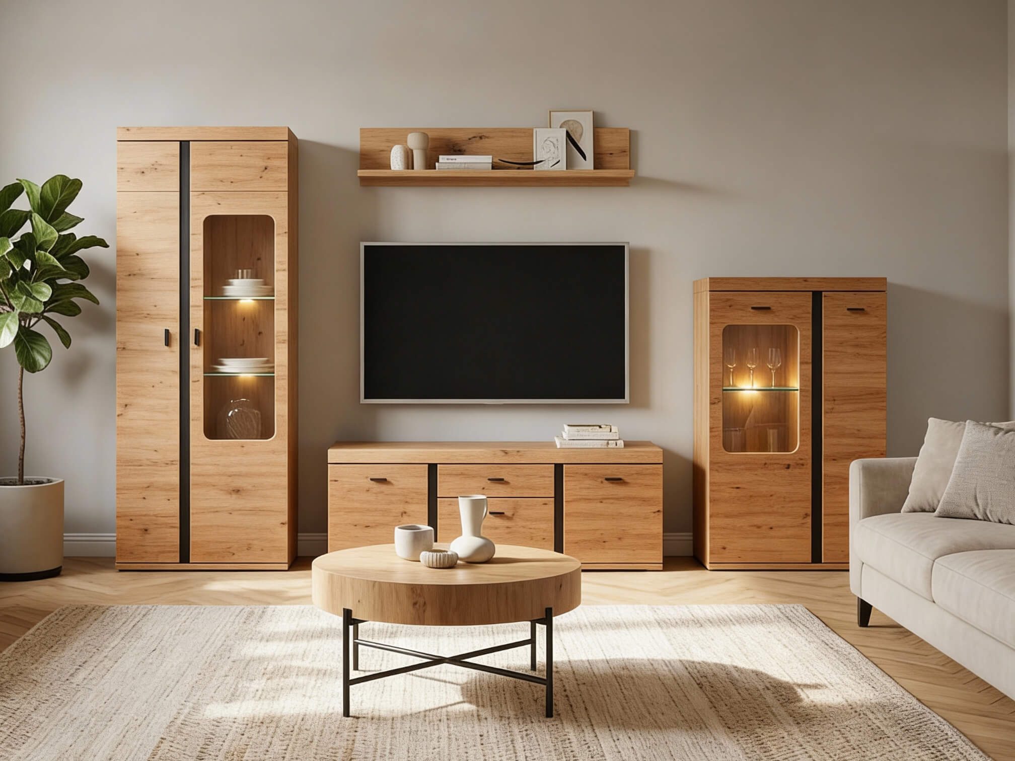 moebel-dich-auf Wohnwand KOS, (in Artisan Eiche, Vitrine + Wandboard + Lowboard + Stauraumelement), Softclose, inkl. LED-Beleuchtung