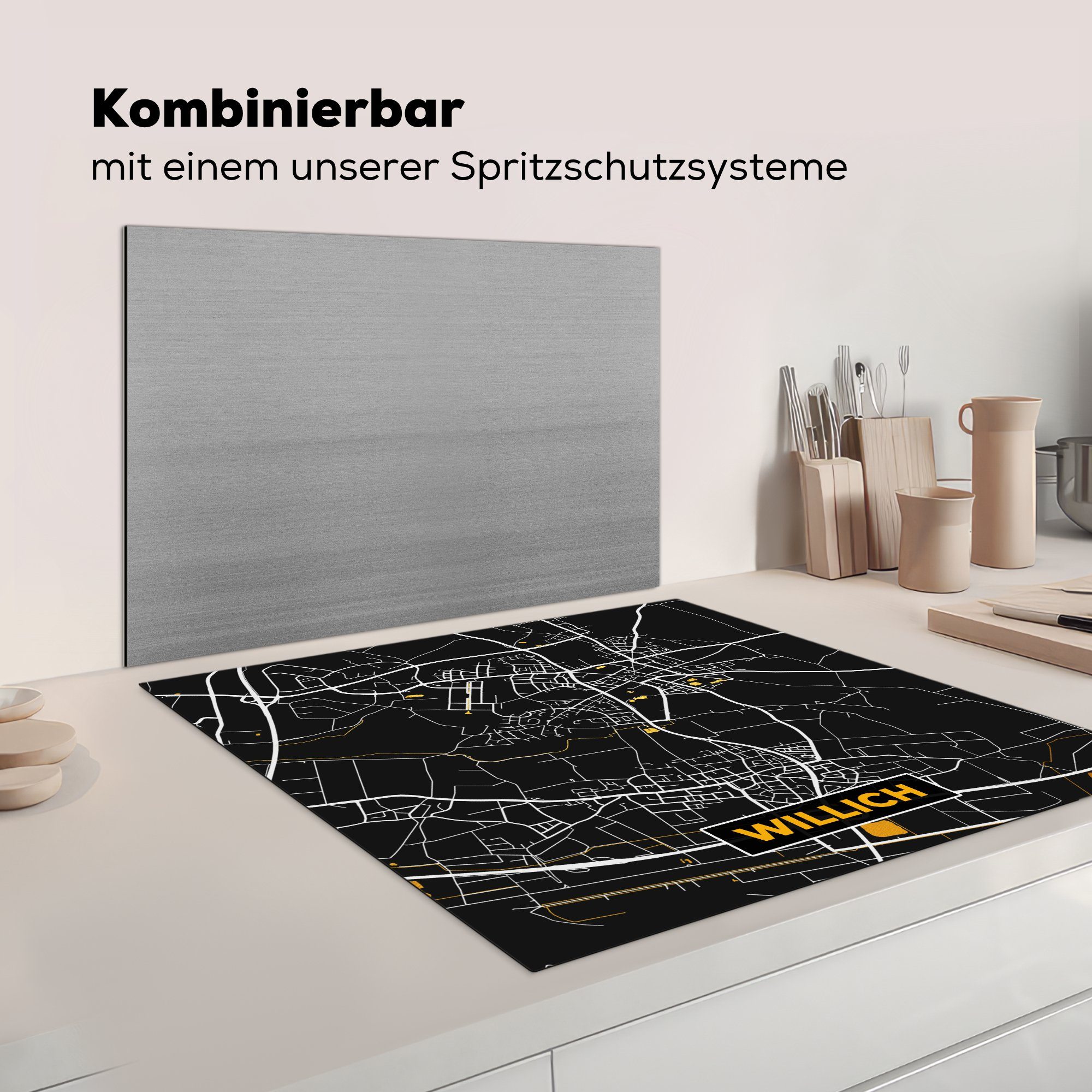 Vinyl, - - - Arbeitsplatte MuchoWow Deutschland Karte, und Herdblende-/Abdeckplatte Ceranfeldabdeckung, tlg), küche für (1 Stadtplan 78x78 cm, Willich Gold - Schwarz