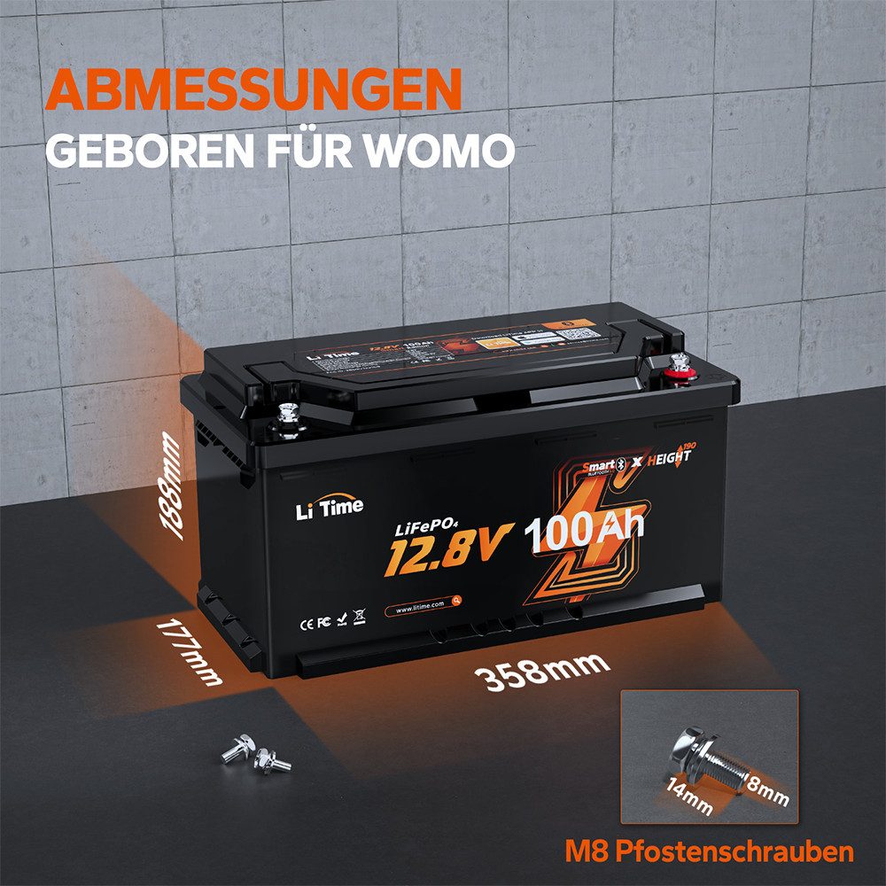 LiTime 12V 100Ah H190 LiFePO4 Batterie mit Bluetooth und BMS 1280Wh DIN H8 Solarakkus 100000 mAh (12 V), L358*B177*H188 mm, geeignet für Wohnmobile, Wohnwagen u – Bild 4 von 5