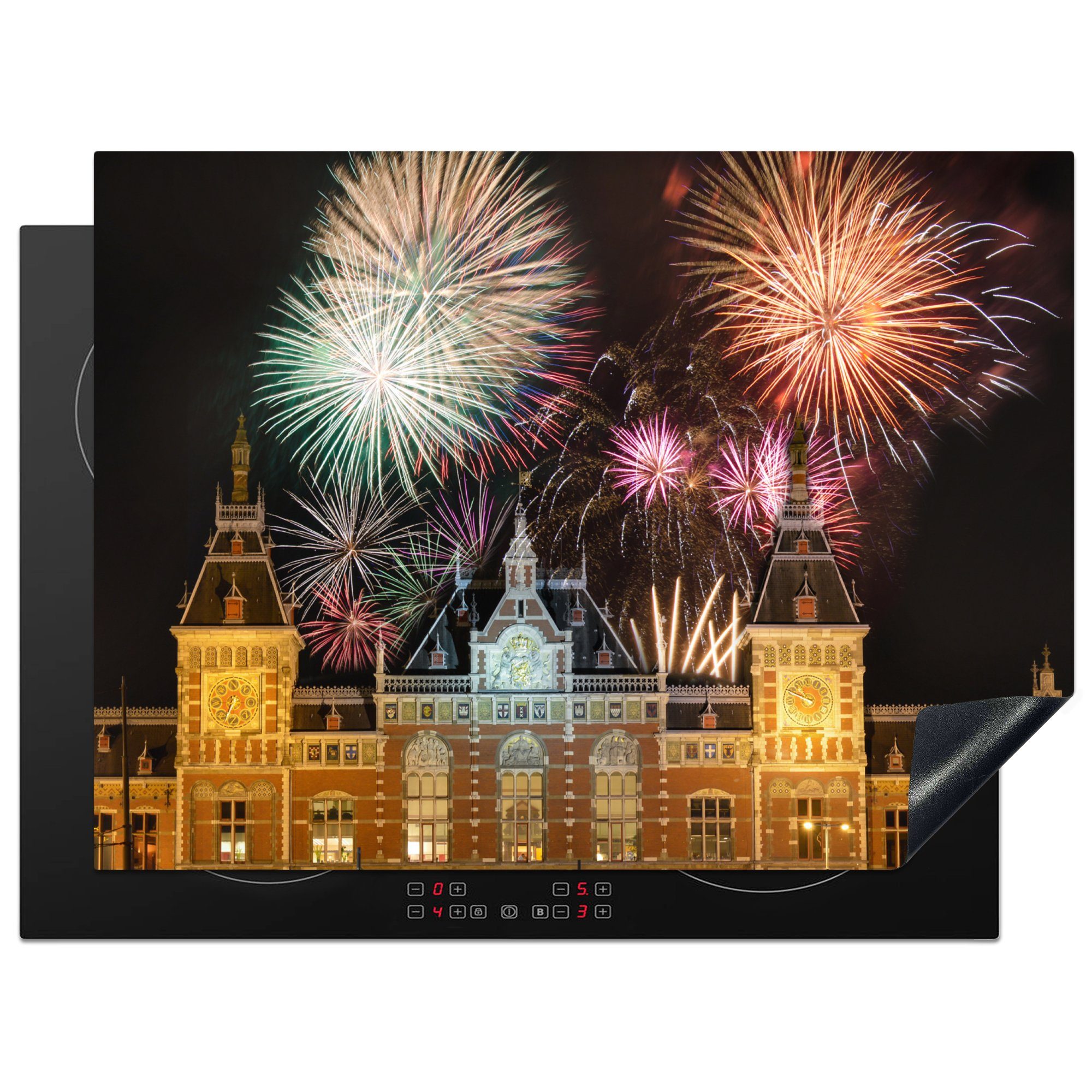 MuchoWow Herdblende-/Abdeckplatte Feuerwerk - Amsterdam - Zentral, Vinyl, (1 tlg), 70x52 cm, Mobile Arbeitsfläche nutzbar, Ceranfeldabdeckung