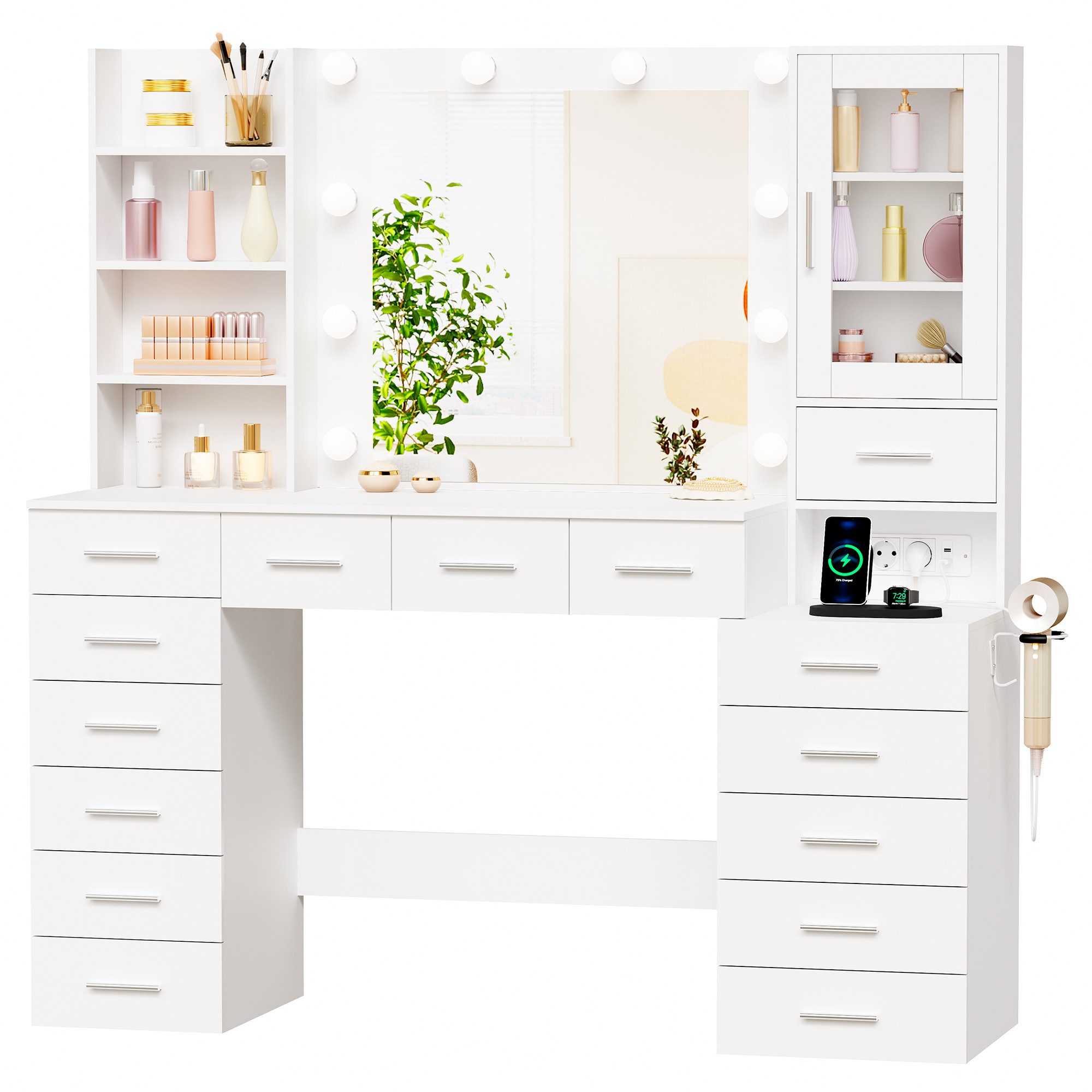 BEWISHOME Schminktisch mit beleuchtung, Steckdose und USB-Anschluss, schminktisch weiß, LED-Spiegel mit 3 Lichtfarben, USB & Steckdosen, 15 Schubladen