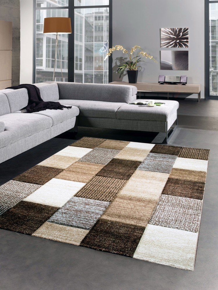 Teppich Moderner Teppich Kurzflor Wohnzimmerteppich Konturenschnitt karo  braun beige creme, Carpetia, rechteckig, Höhe: 13 mm
