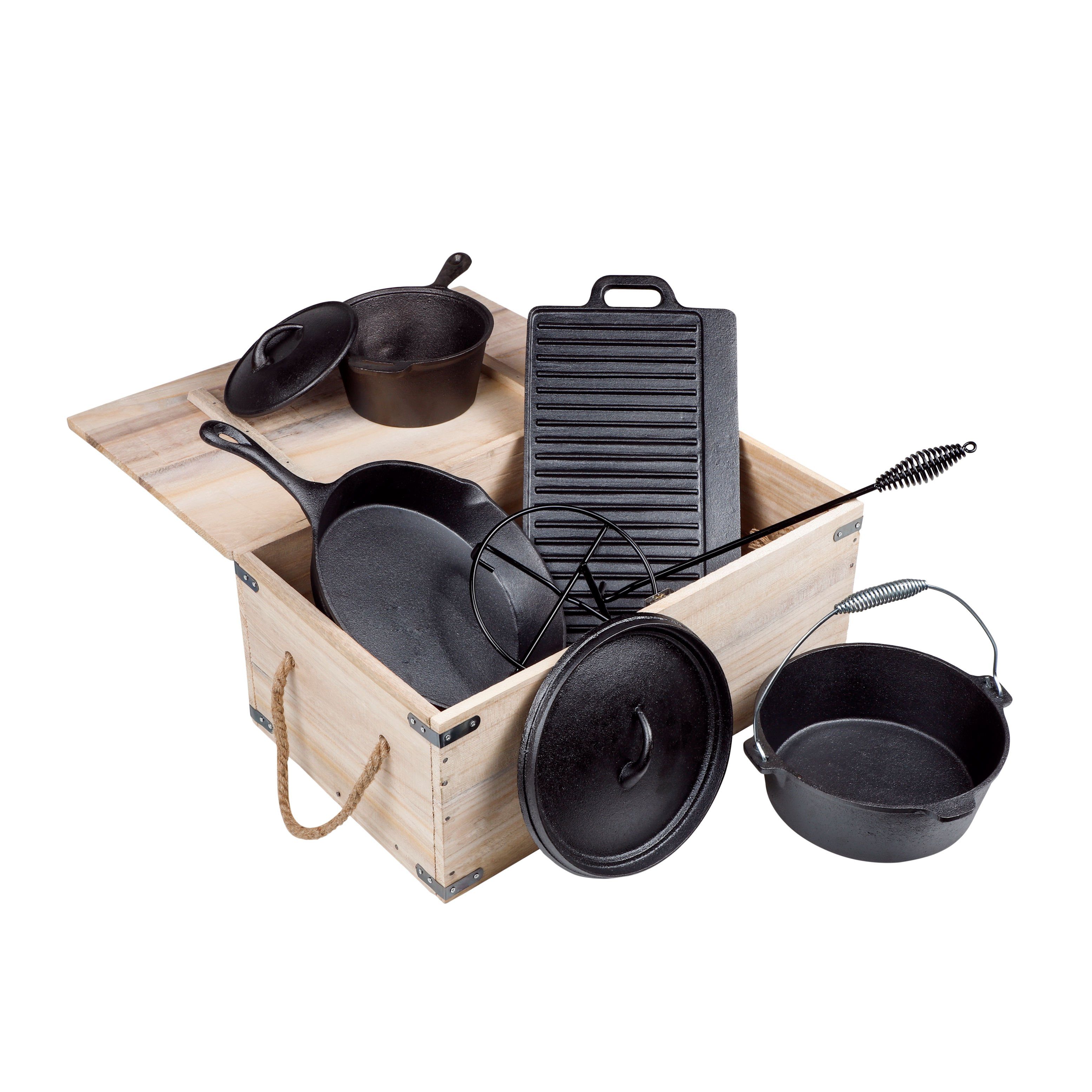 Spetebo Kochtopf Dutch Oven Topf-Set für den Grill - 9-teilig, Gusseisen (9-tlg), Grill Gusspfanne Grillpfanne Töpfe Guss