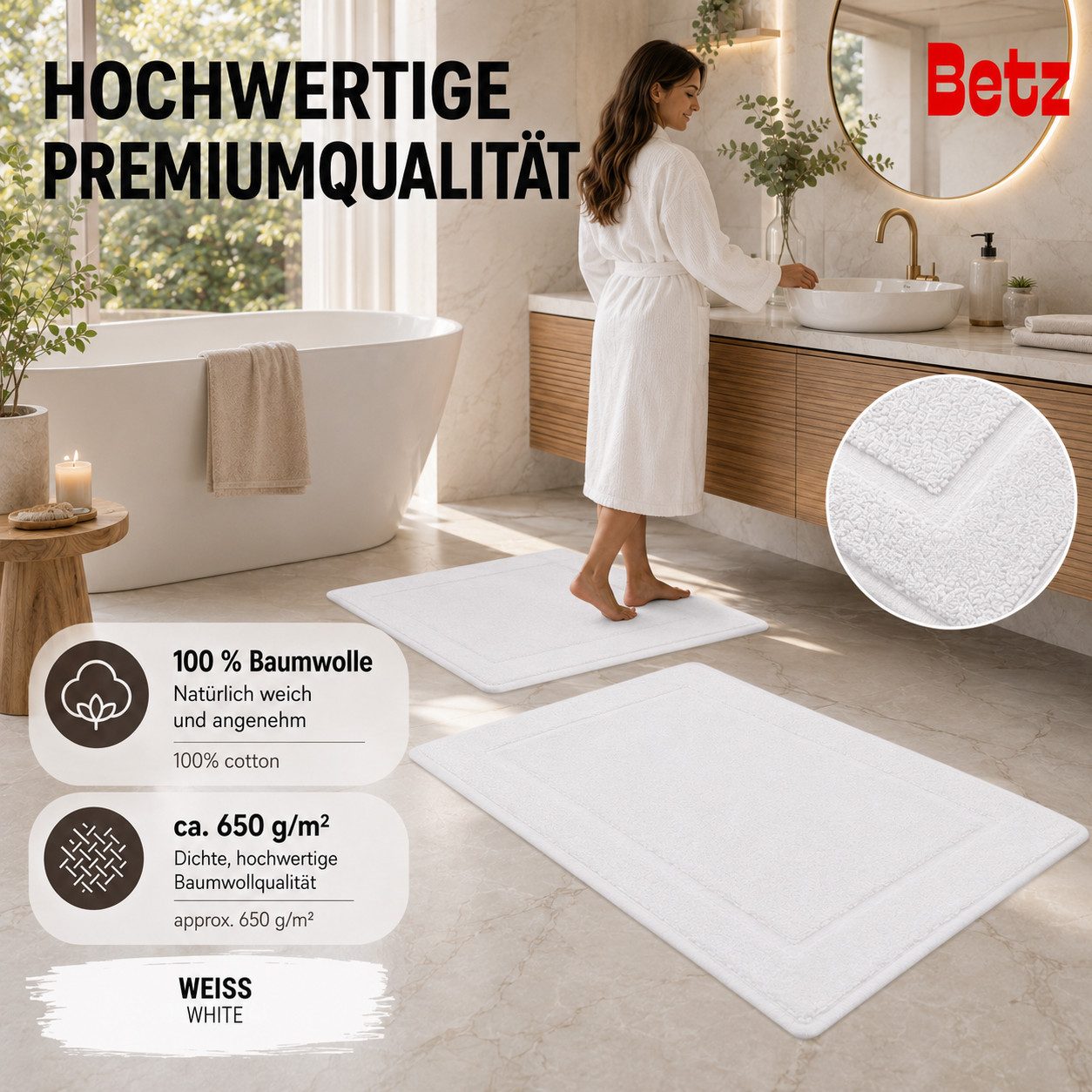 Betz Badematte 2 Stück Badvorleger Premium Badteppich Größe 50x70 cm, unbeschichtet, beidseitig nutzbar, beidseitig nutzbar, Baumwolle, Qualität 650g/m² – Bild 4 von 5