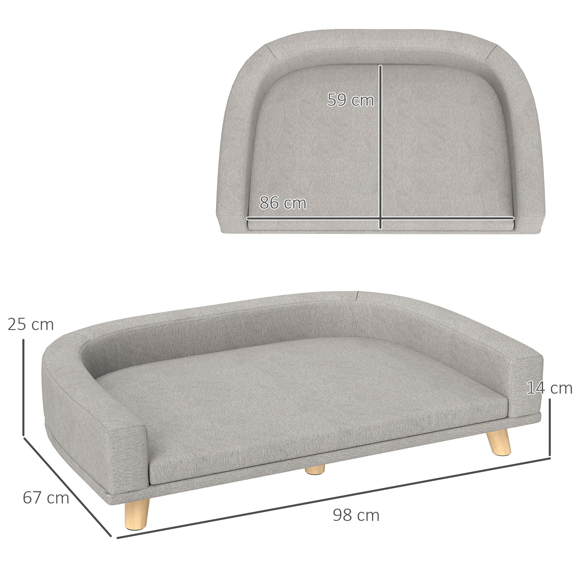 PawHut Tierbett Hundesofa Hundecouch mit Rückenlehne für große Hunde bis 30 kg, Polyester, mit Holzbeine, Grau, 98 x 67 x 25 cm
