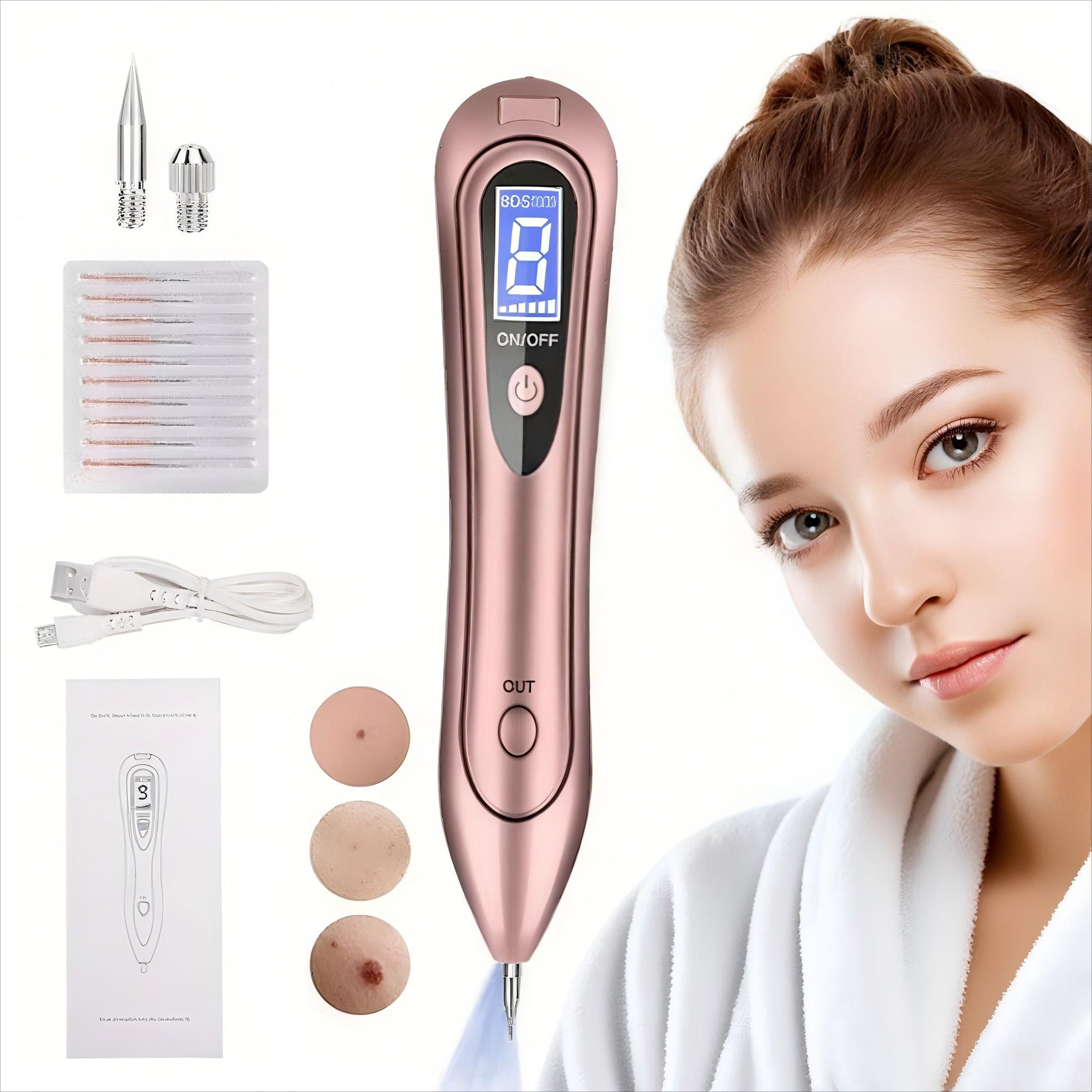 POPOLIC Microderm Tool Muttermal Entfernen,Warzen Entfernen,9 Stärke Sicher,LCD-Bildschirm, 1-tlg., LCD-Display für präzise Kontrolle und einfache Bedienung, Kompakt, Beauty-Stift mit blauem Licht korrigiert Hautunreinheiten sicher