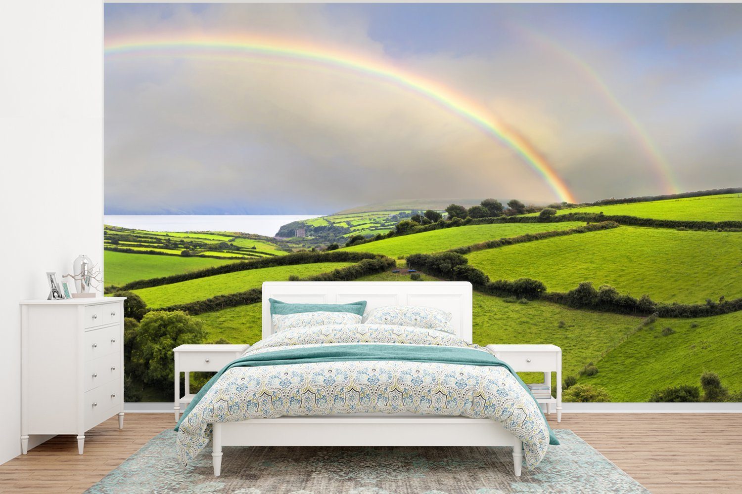 MuchoWow Fototapete Doppelter Regenbogen in Irland, Matt, bedruckt, Wallpaper für Wohnzimmer, Schlafzimmer, Vinyl Tapete, 295x220 cm